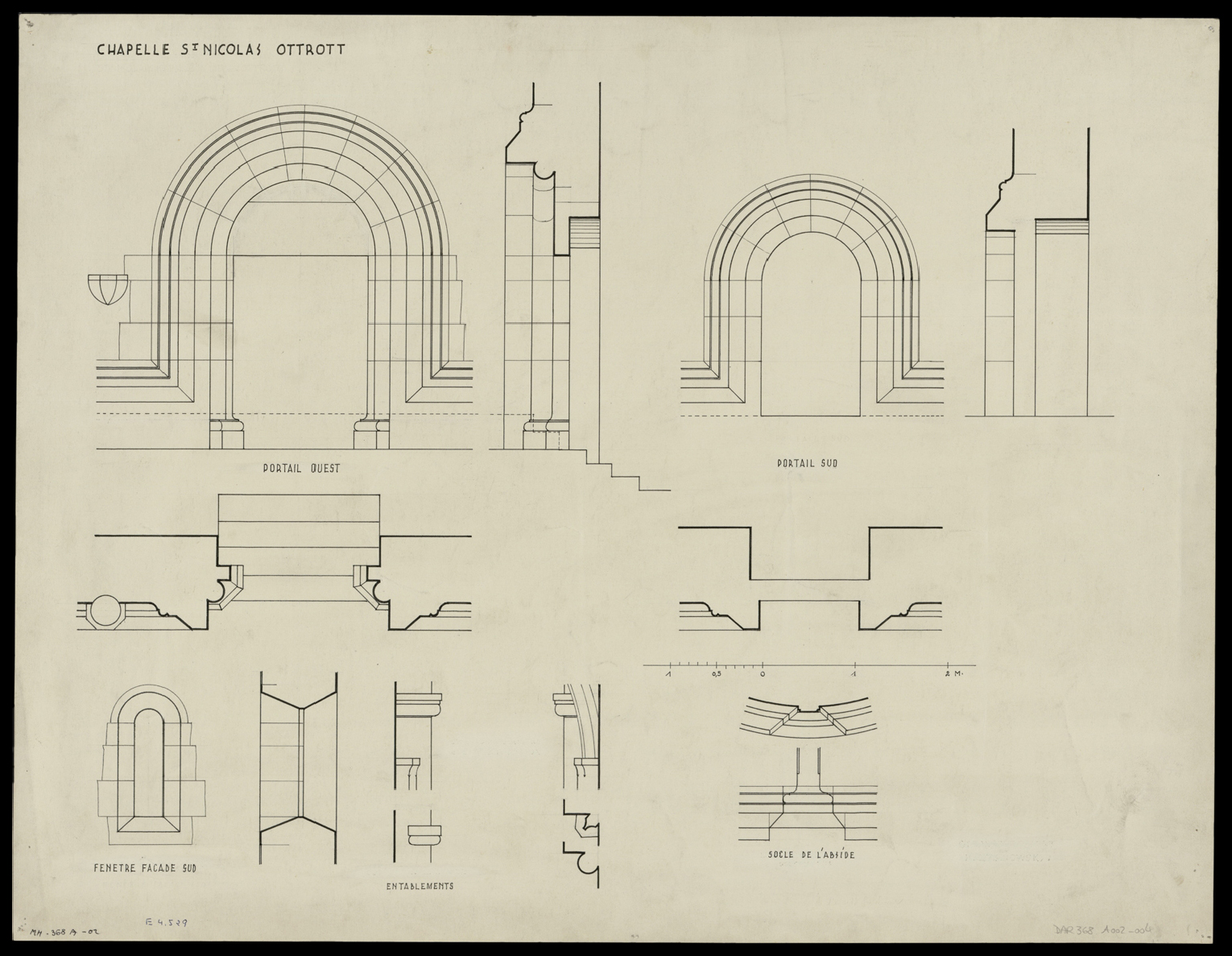 Plans de masse et élévations des portails ouest et sud, élévation et coupe d’une fenêtre de la façade sud, détails d’entablement.