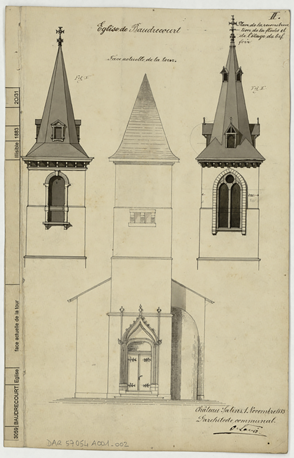 Projet de reconstruction de la flèche du clocher, ,élévation de la façade occidentale et détails de la flèche.