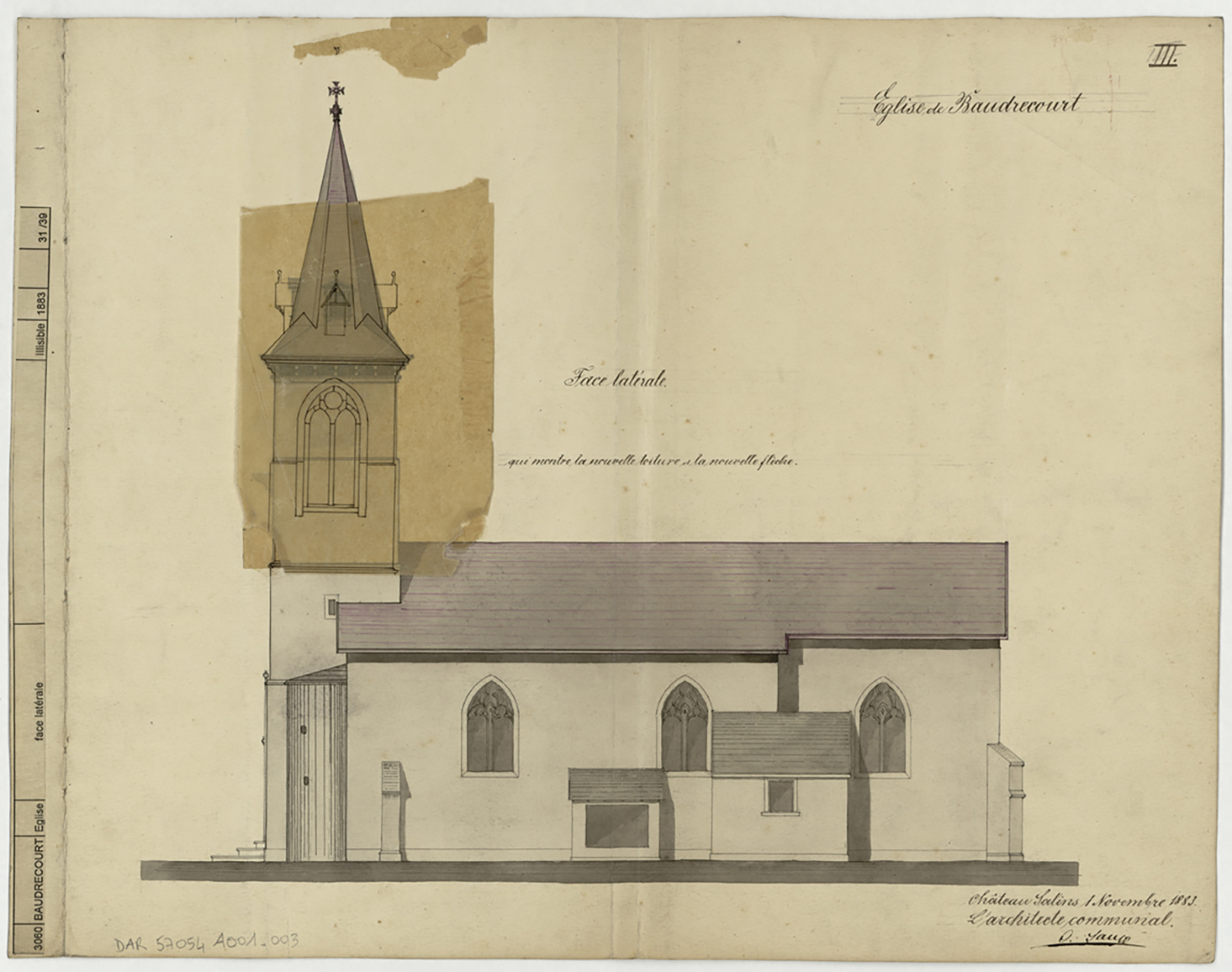 Projet de reconstruction de la flèche du clocher, élévation de la façade sud.