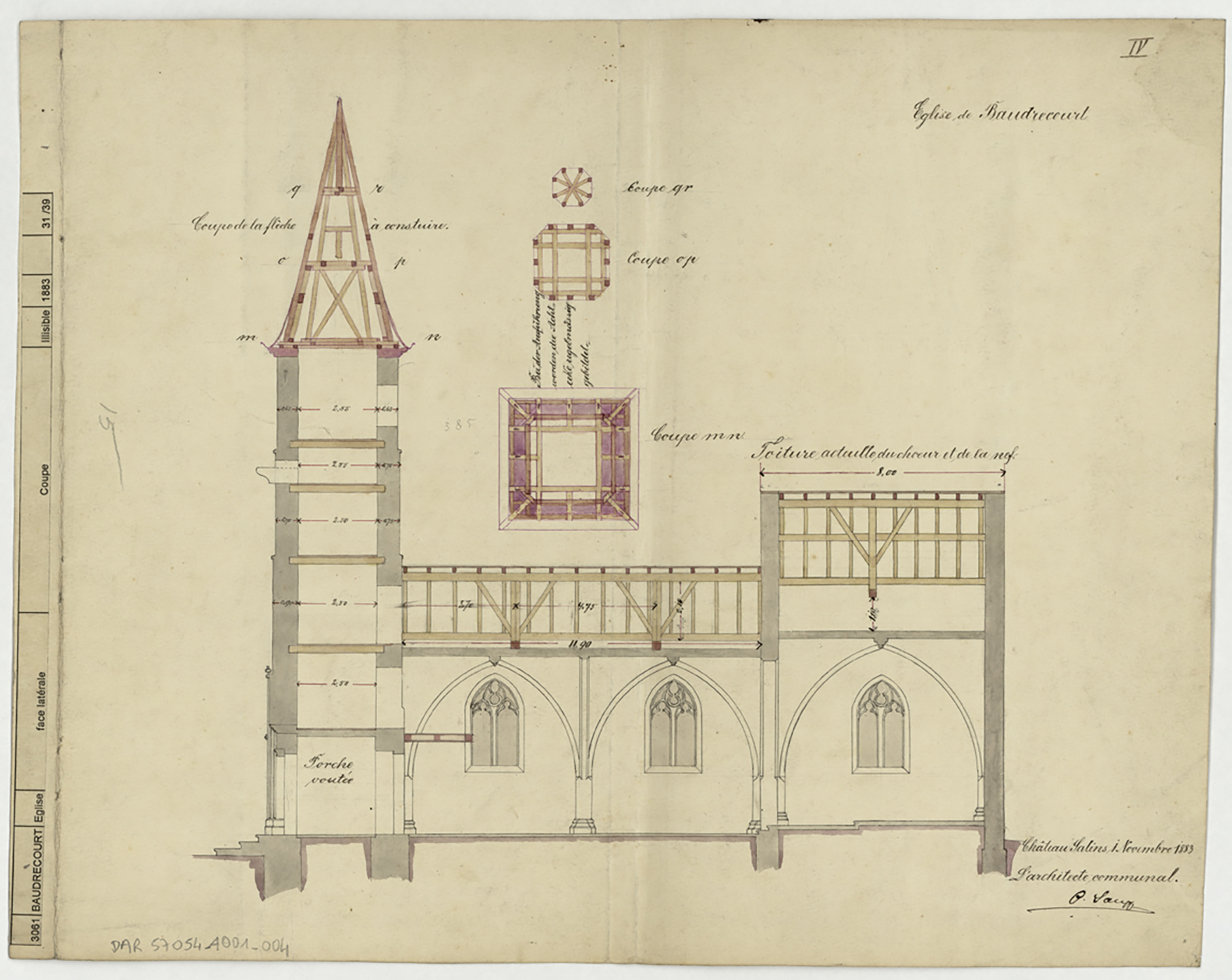 Projet de reconstruction de la flèche du clocher, coupe longitudinale sur les charpentes du côté sud.