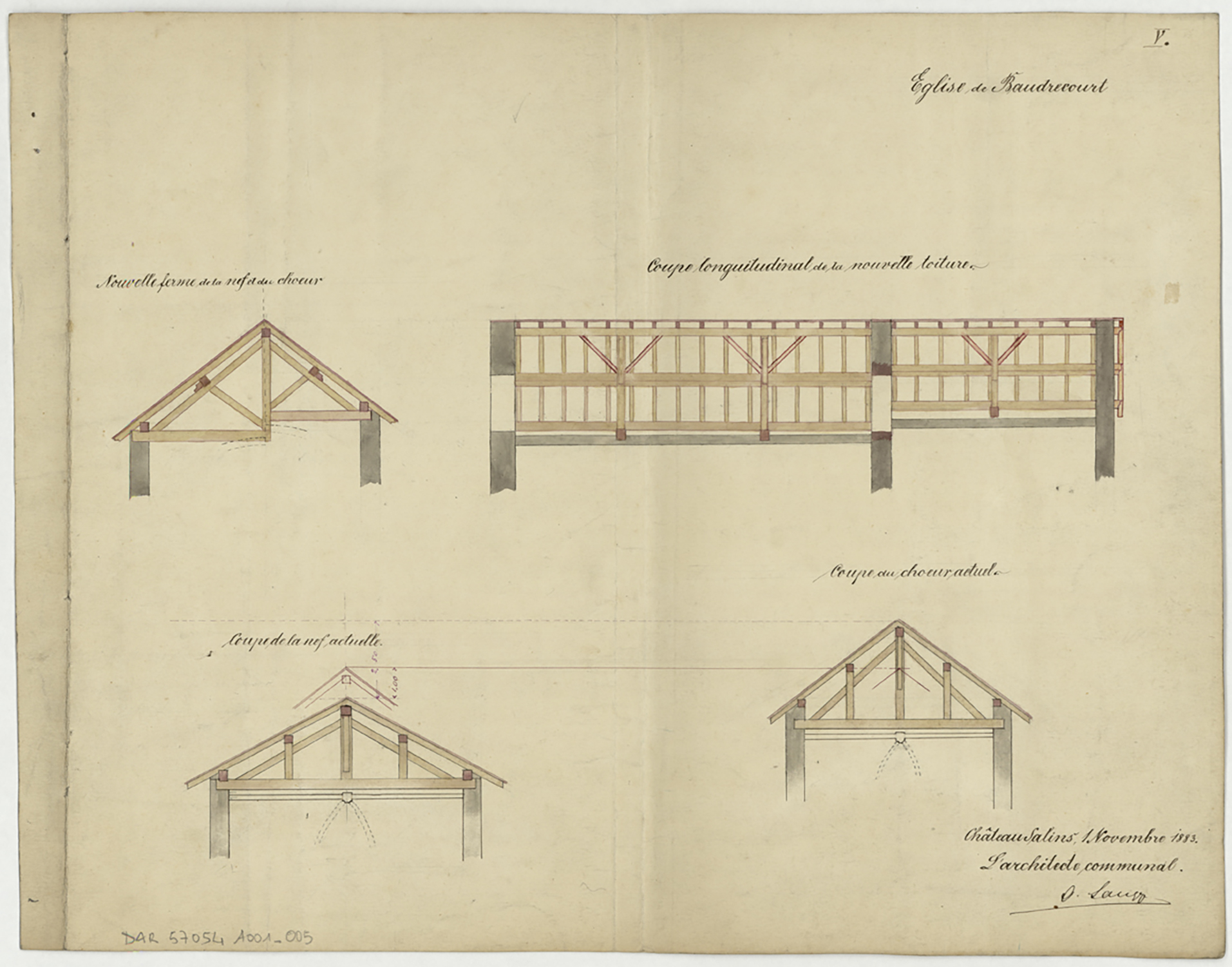 Projet de nouvelle toiture, coupes transversales sur les charpentes anciennes de la nef et du choeur, coupes longitudinale et transversale sur la charpente projetée.