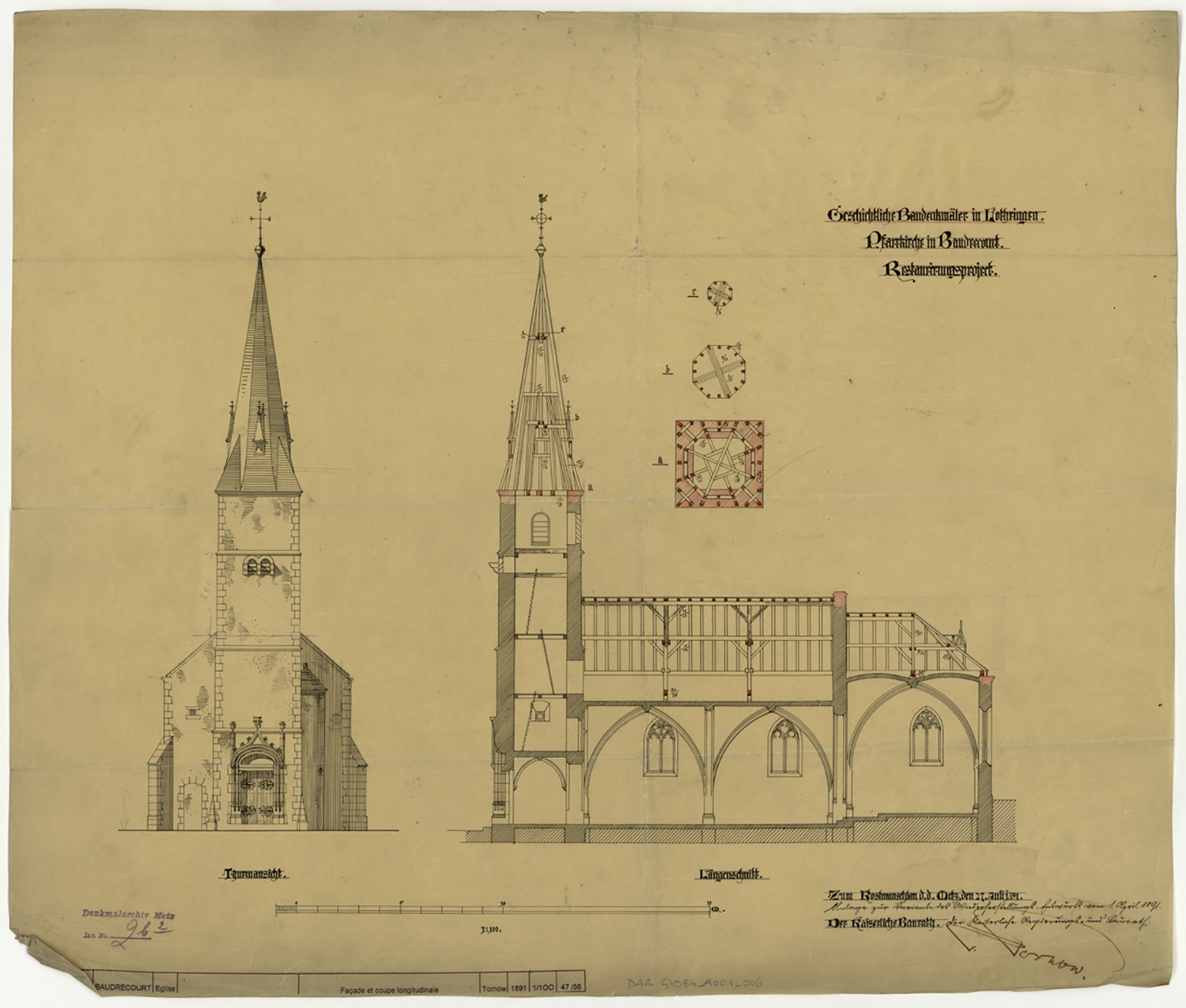 Projet de restauration, élévation de la façade occidentale, coupe longitudinale sur les charpentes du côté sud et plans par niveau de la charpente de la flèche.