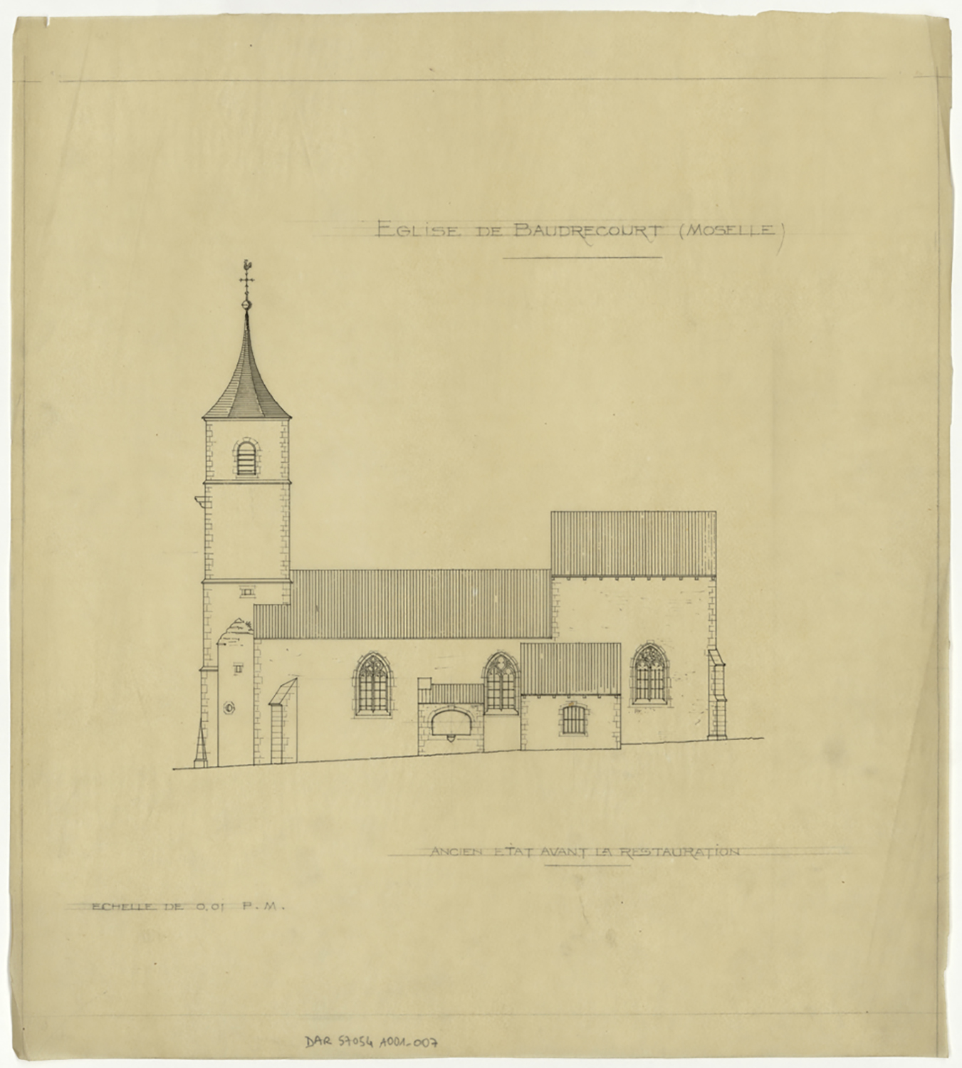 Projet de restauration, élévation de la façade sud dans son état avant intervention.