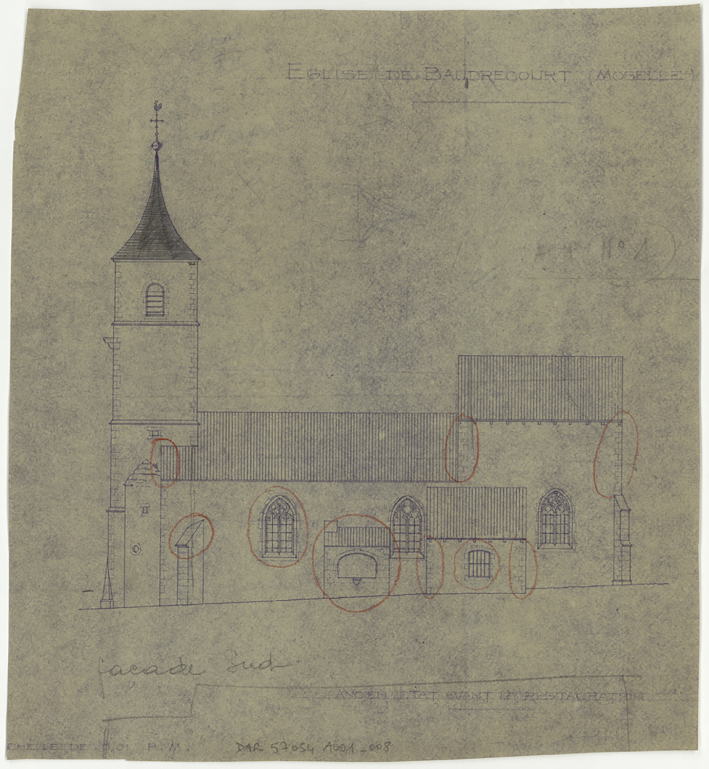 Projet de restauration, élévation de la façade sud dans son état avant intervention.