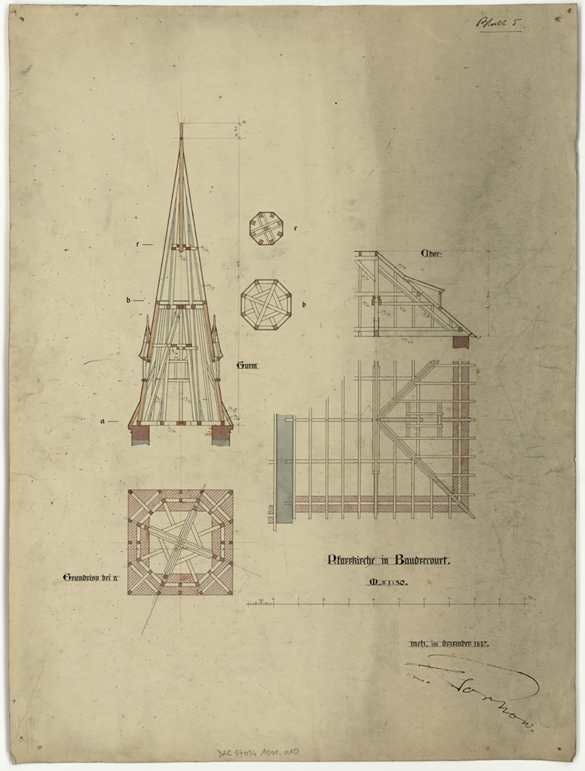 Clocher, coupes sur les charpentes et plans par niveau de la flèche.