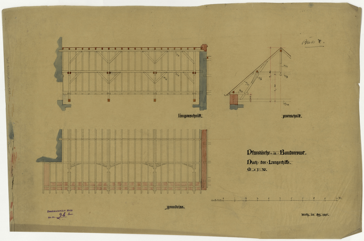 Nef, plan et coupes longitudinale et transversale sur les charpentes.