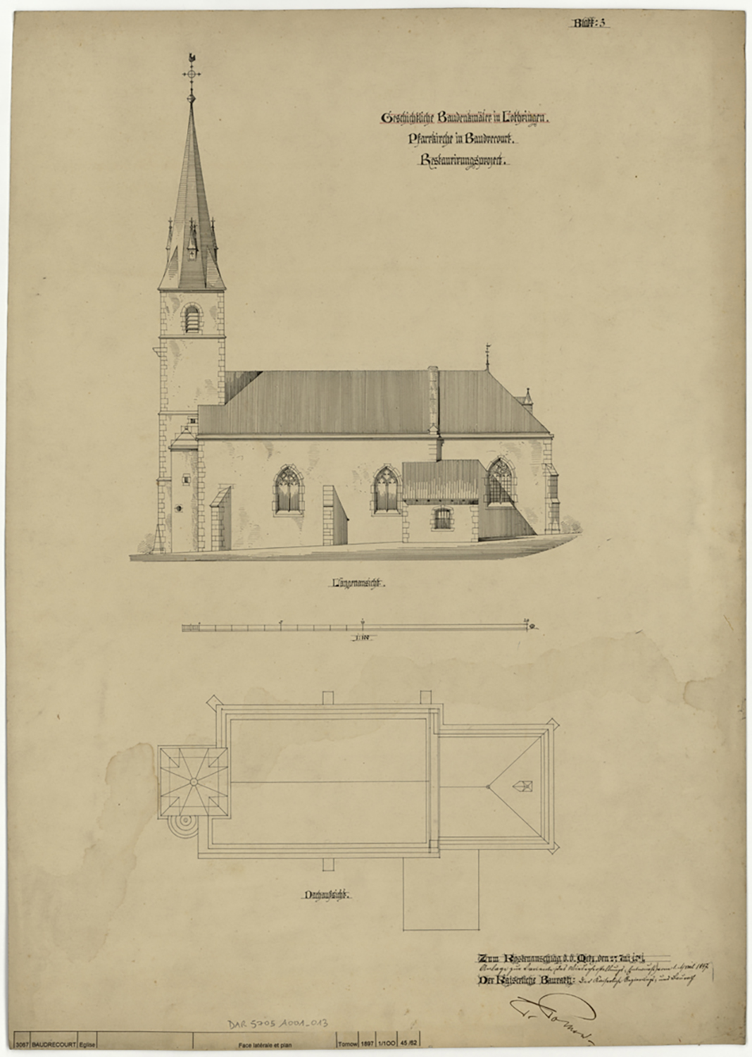 Projet de restauration, élévation de la façade sud et plan des toitures.