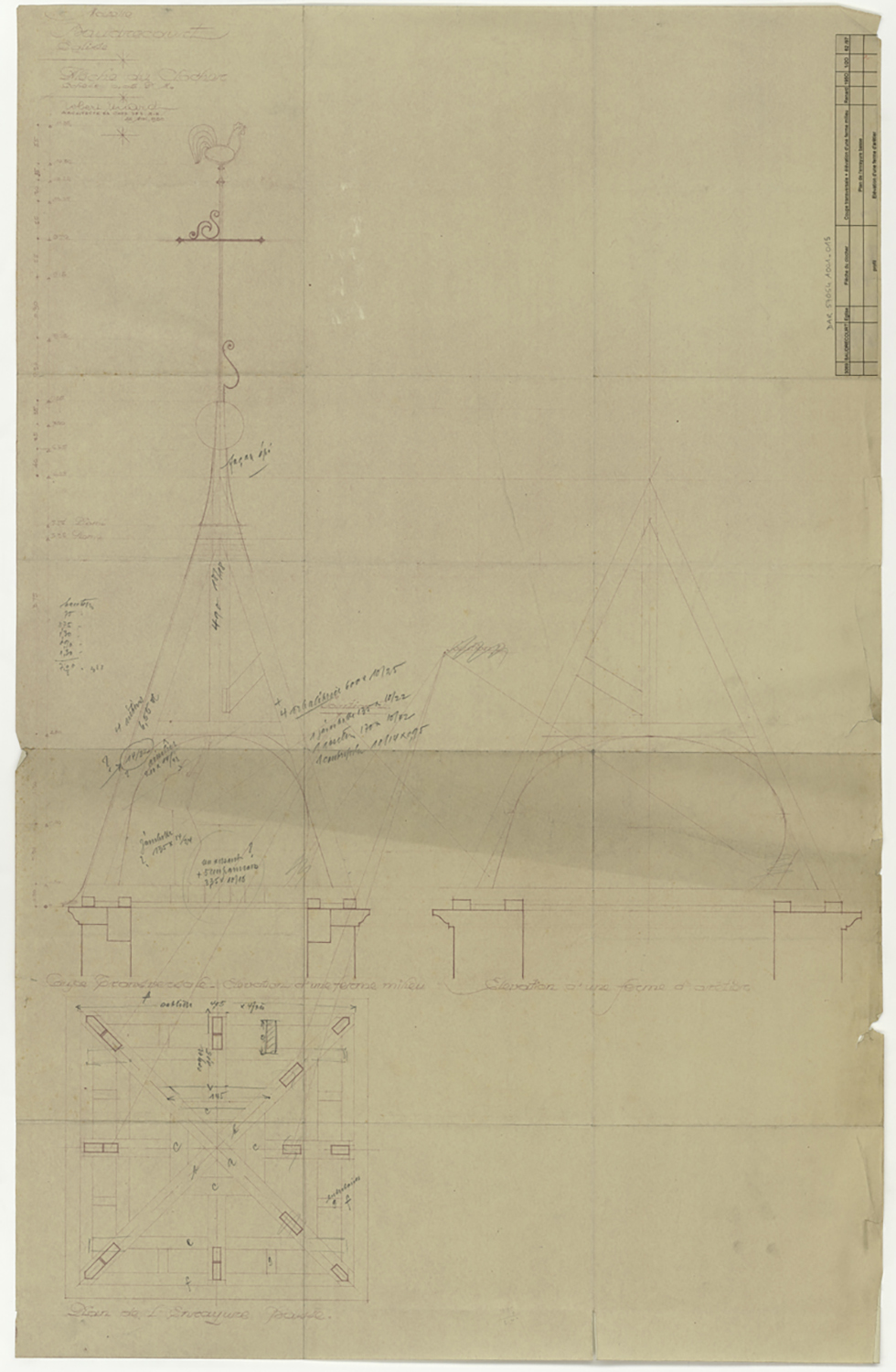 Clocher, coupes sur la charpente de la flèche et plan.