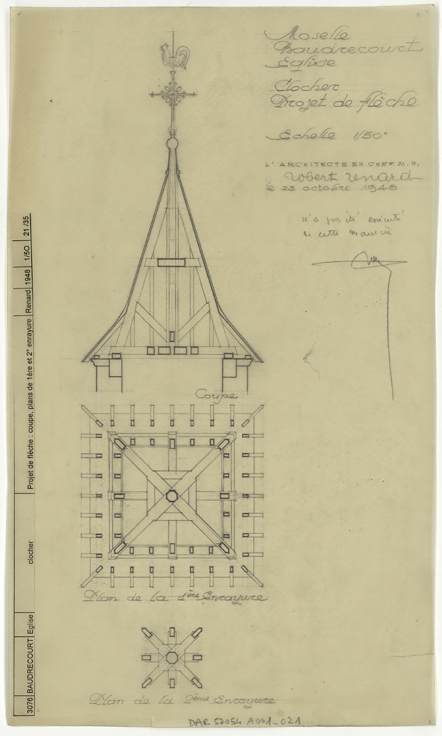 Projet de reconstruction de la flèche du clocher, plans par niveau et coupe sur la charpente (projet non réalisé).