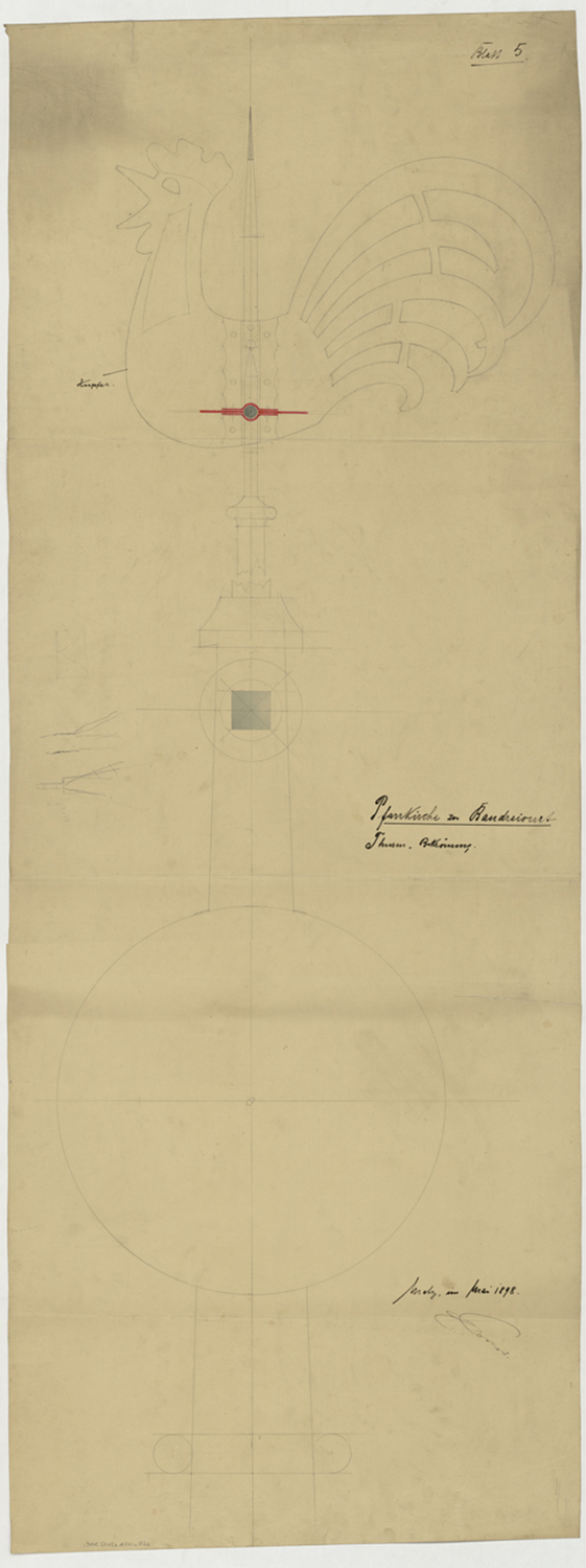 Flèche du clocher, élévation et détail du coq faîtier.