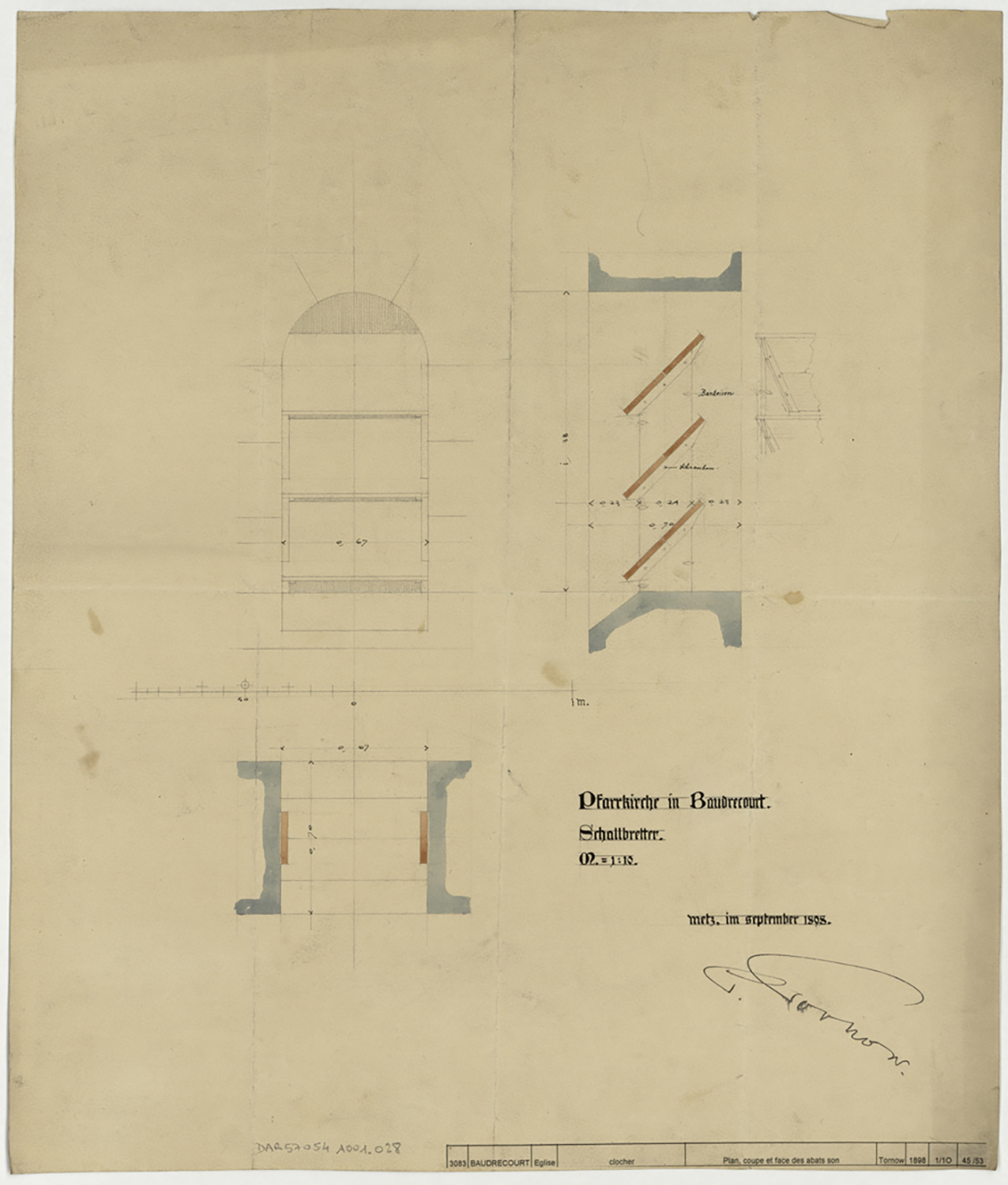 Clocher, plan, élévation et coupe sur les abat-sons.