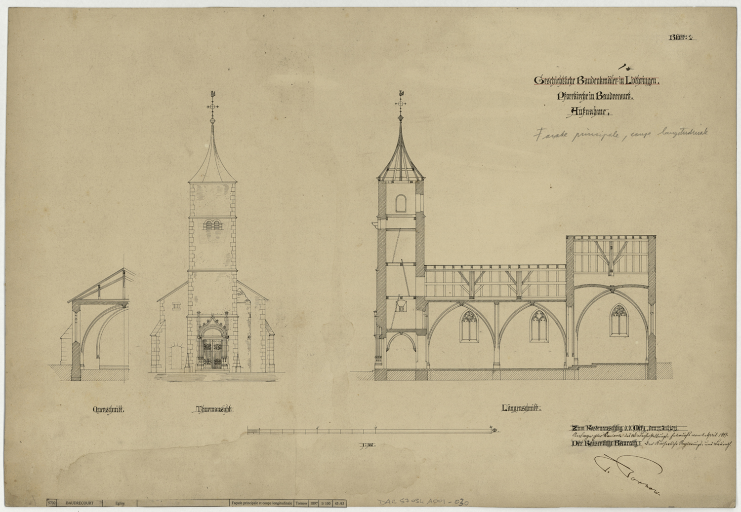 Elévation de la façade occidentale, coupe longitudinale sur la façade sud et coupe transversale sur un bas-côté. 