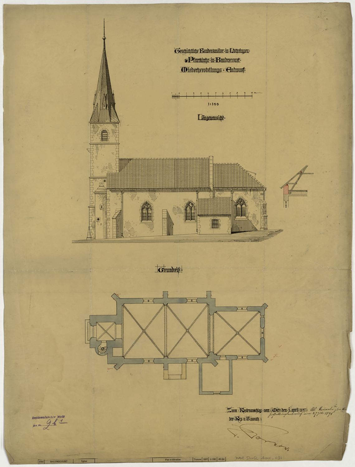 Projet de restauration, plan de masse, élévation de la façade sud et détail d’assemblage de la charpente.