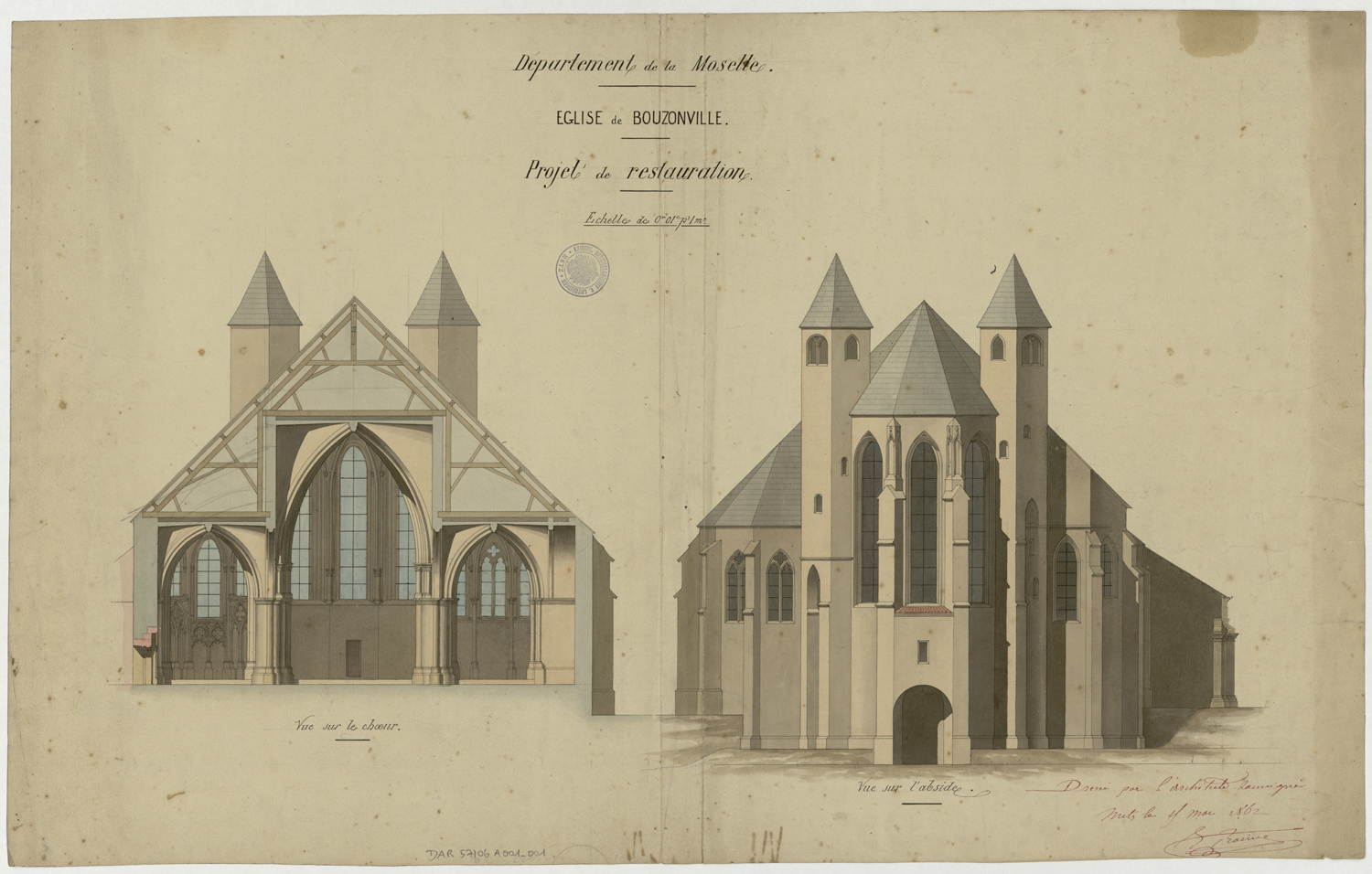 Projet de restauration, élévation du chevet et coupe transversale sur le choeur.