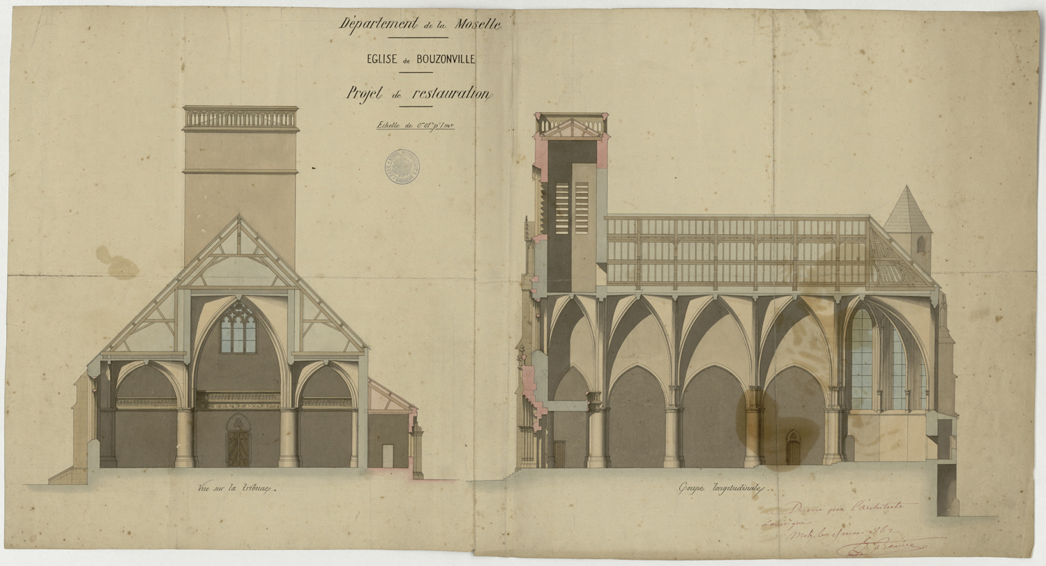 Projet de restauration, coupe transversale sur la nef et coupe longitudinale sur la façade sud.