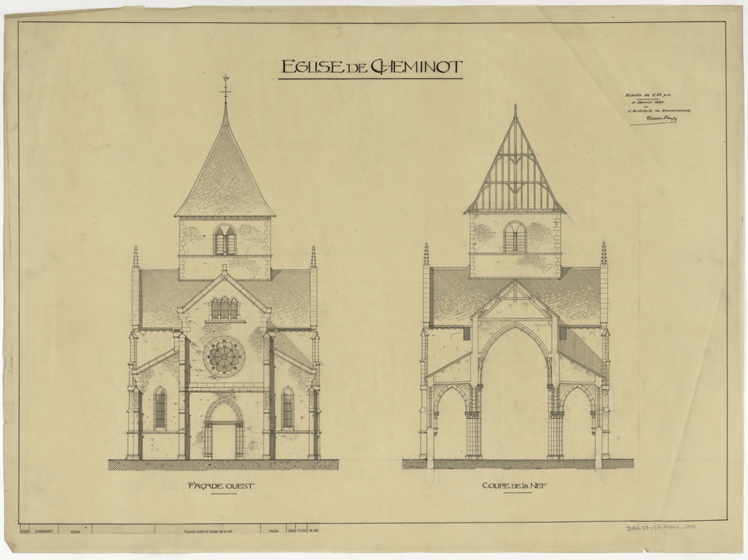 Elévation de la façade ouest et coupe transversale sur la nef.