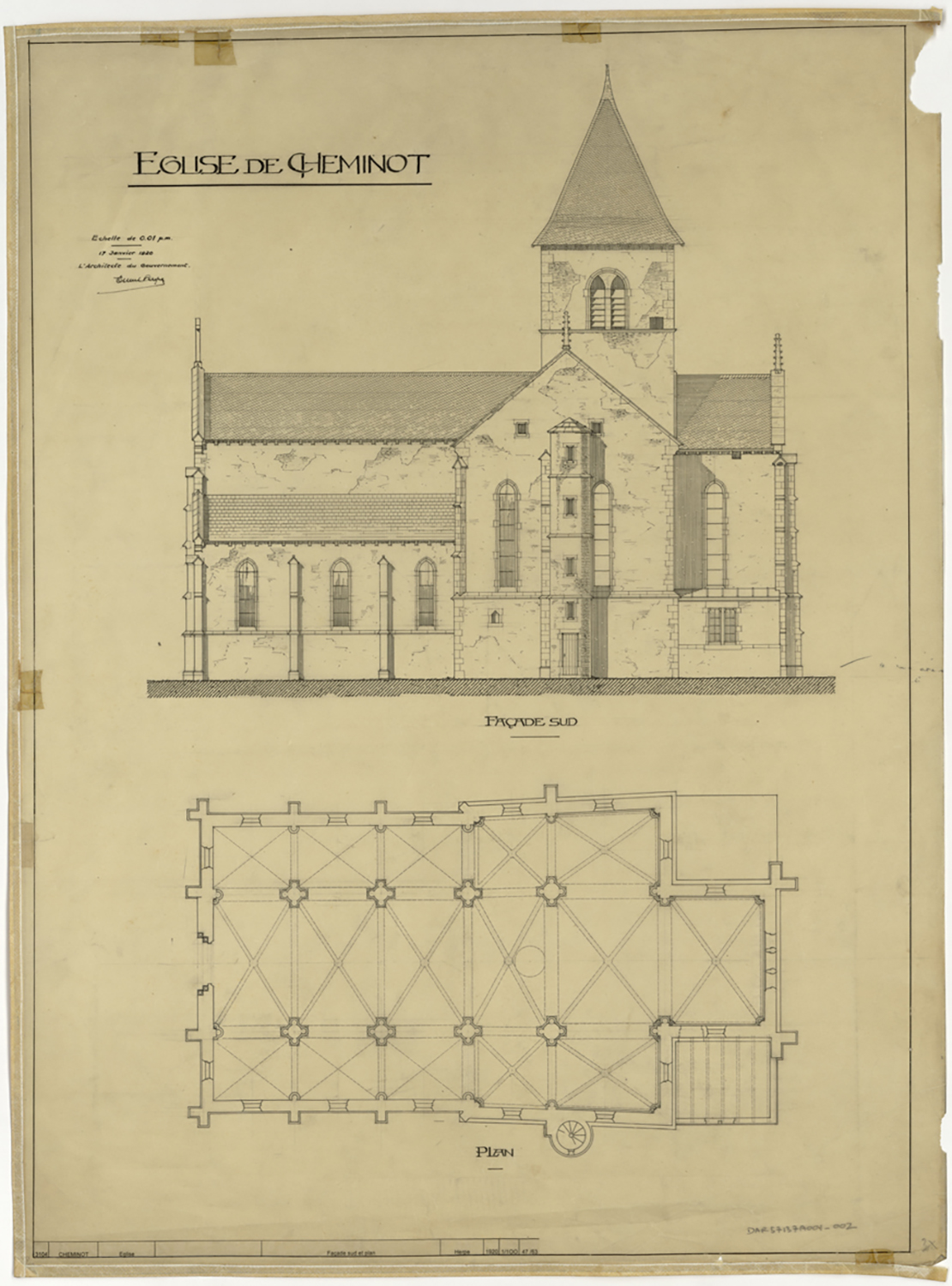 Plan de masse et élévation de la façade sud.