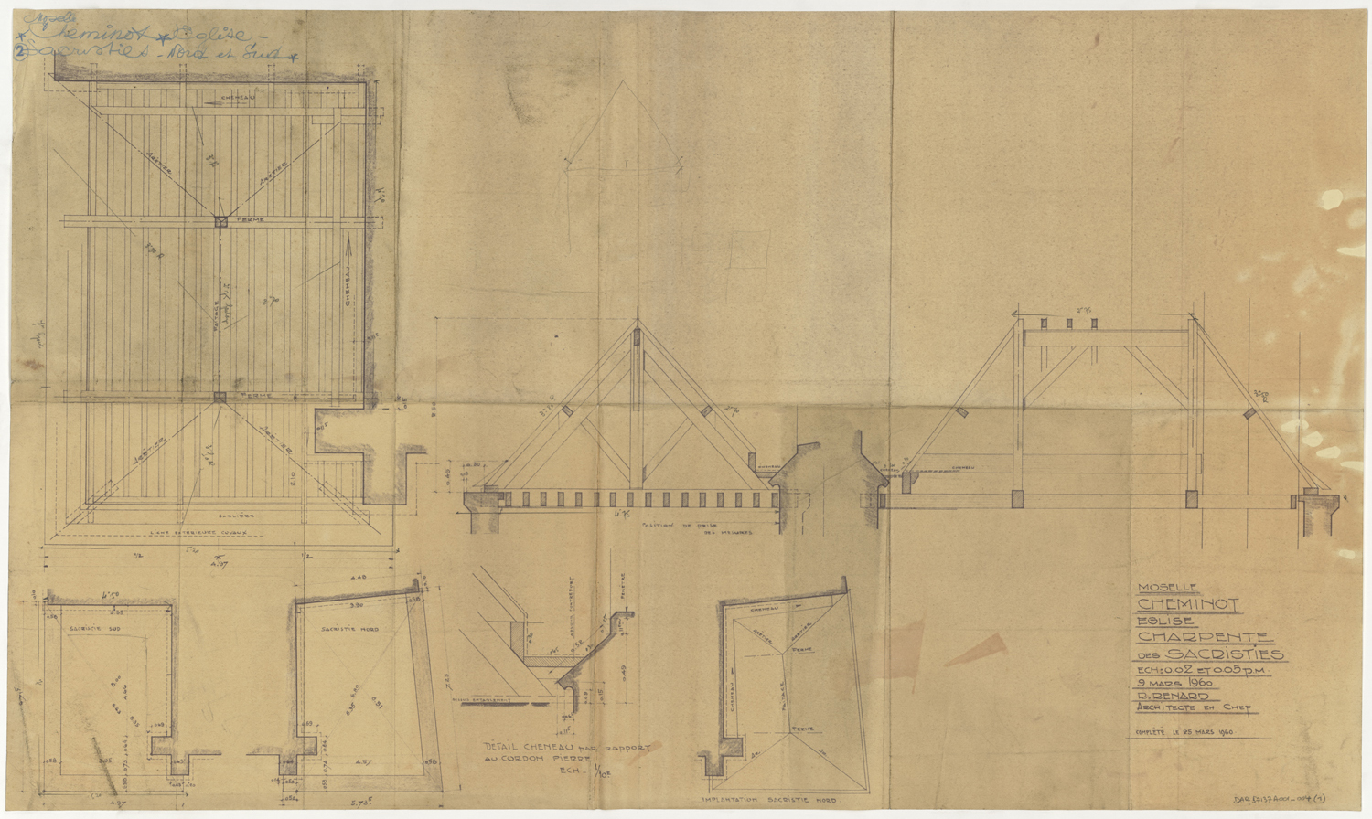 Sacristies nord et sud, plans et coupe sur les charpentes.