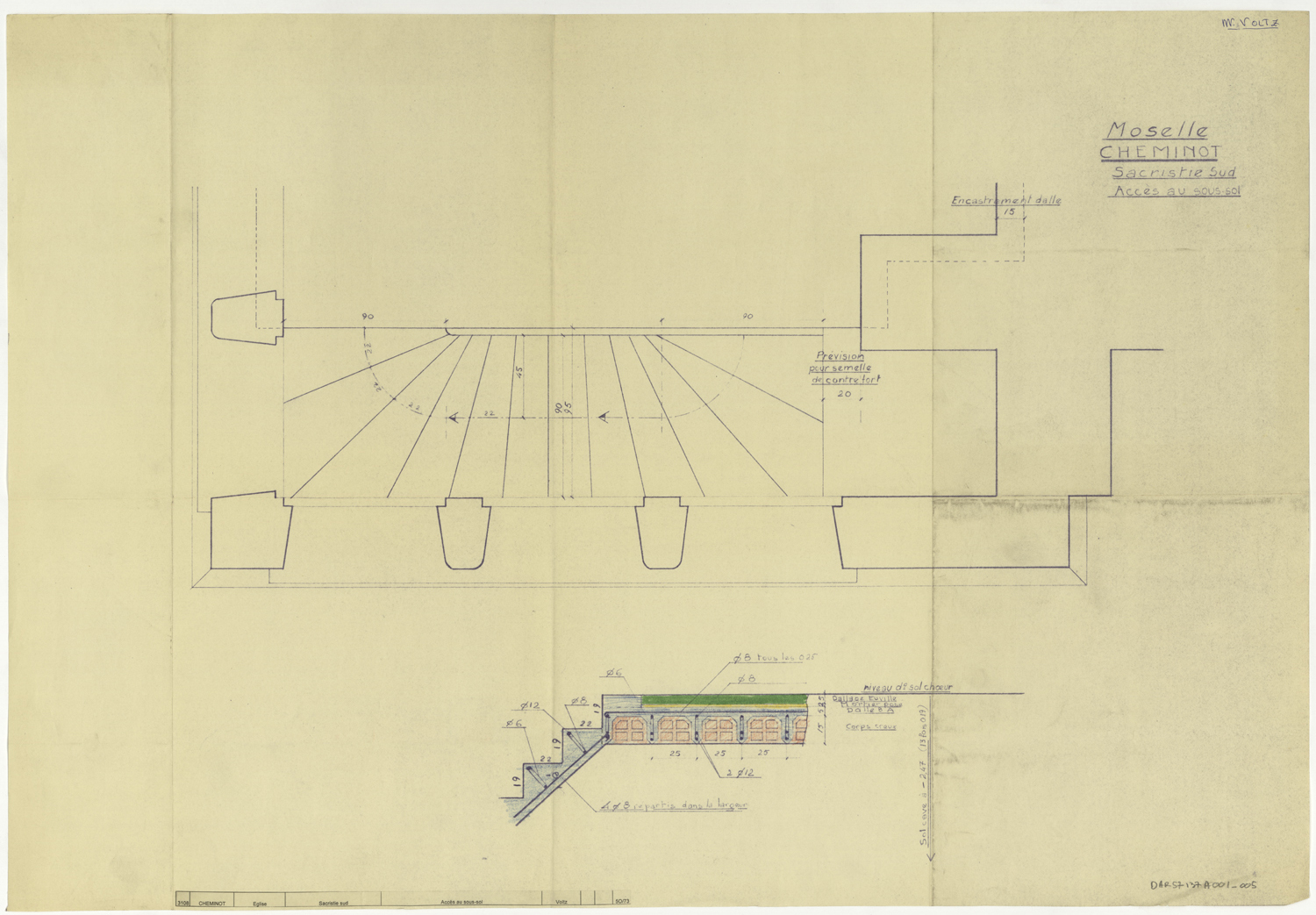 Sacristie sud, plan et coupe de l’accès au sous-sol.