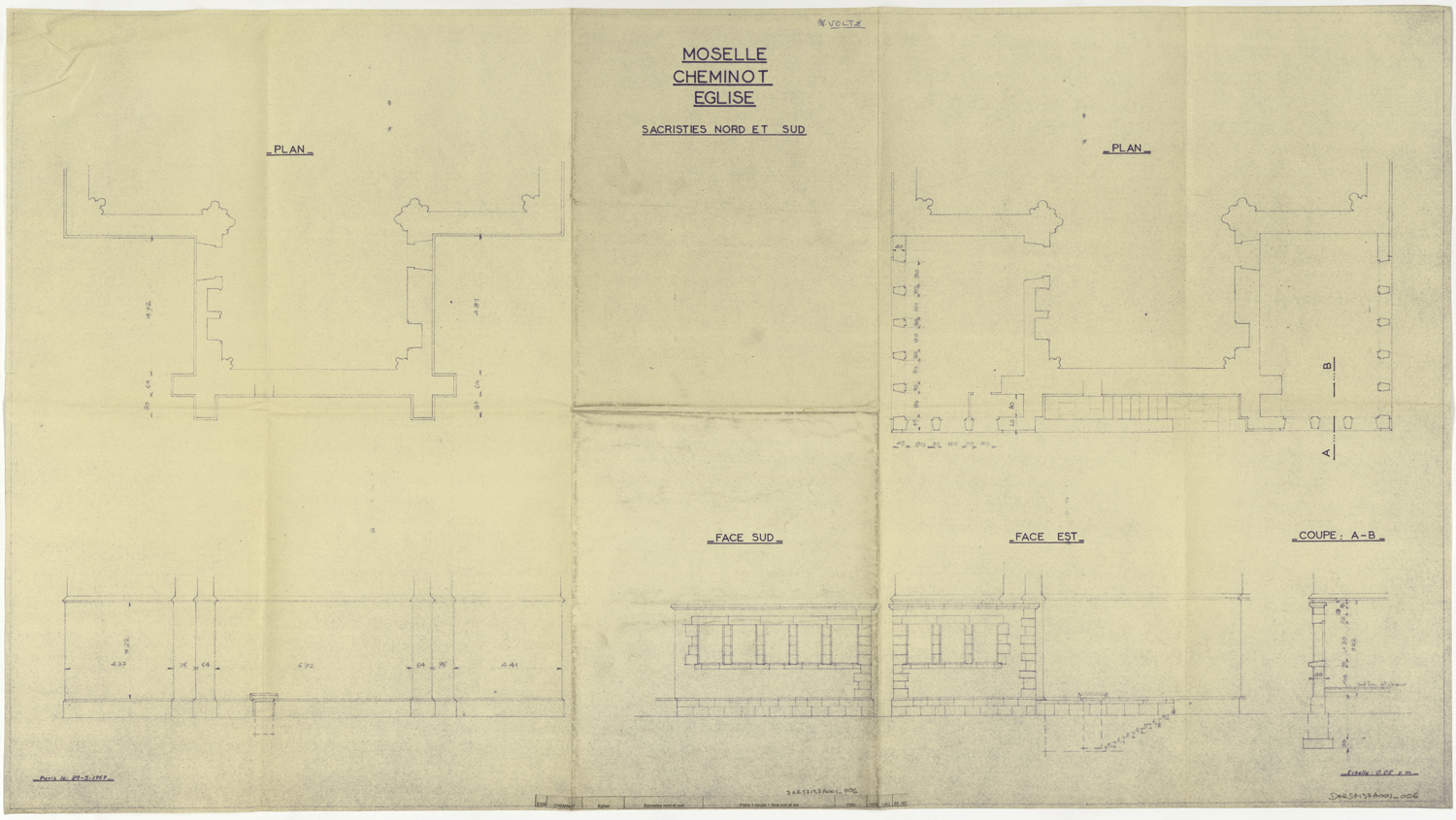 Sacristies nord et sud, plans de masse, élévations et détail.