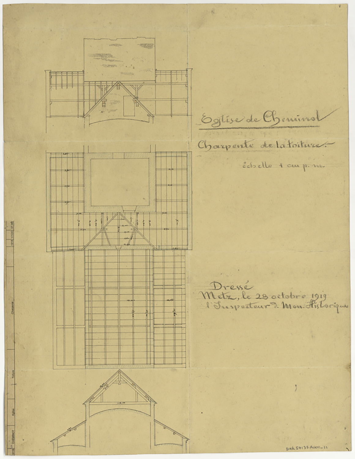 Toiture, plan et coupes sur la charpente.