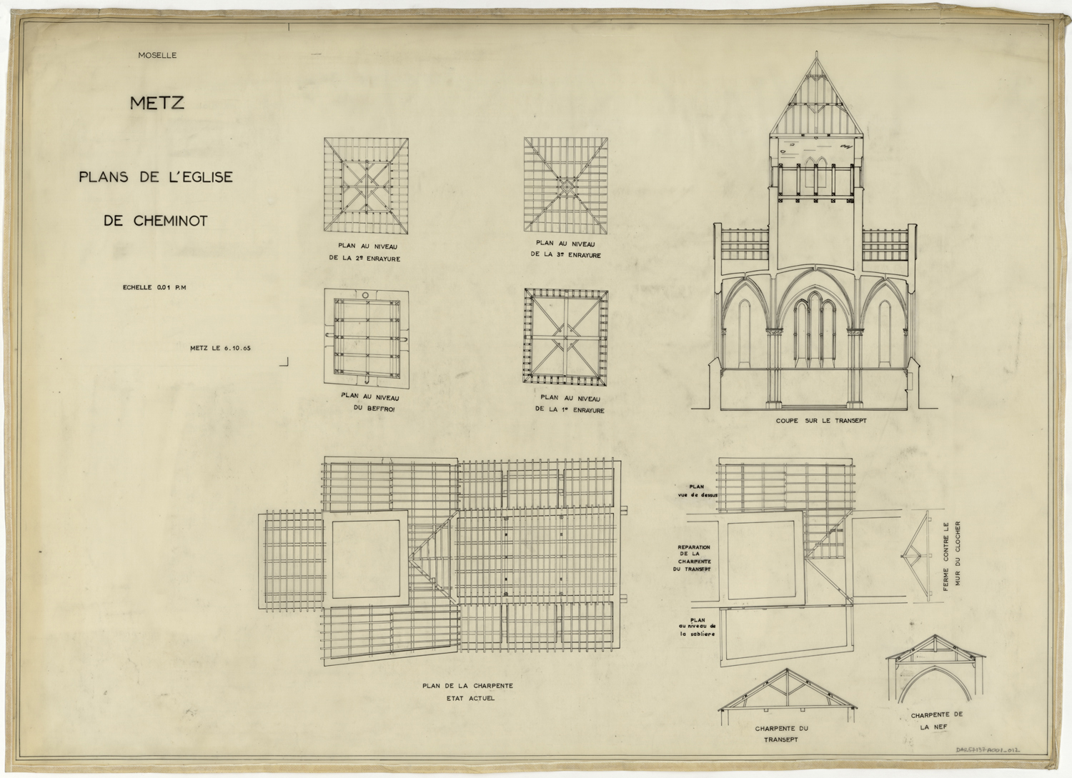 Toiture, plan d’ensemble, plans de niveau, élévations et coupes sur la charpente de la nef et du clocher.