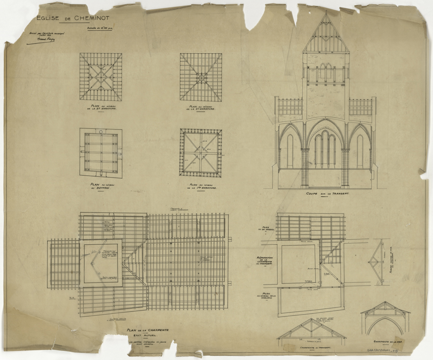 Toiture, plan d’ensemble, plans de niveau, élévations et coupes sur la charpente de la nef et du clocher.