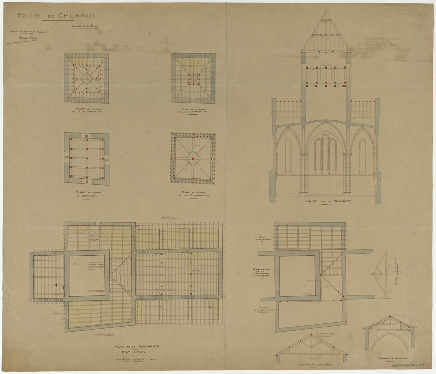 Toiture, plan d’ensemble, plans de niveau, élévations et coupes sur la charpente de la nef et du clocher.