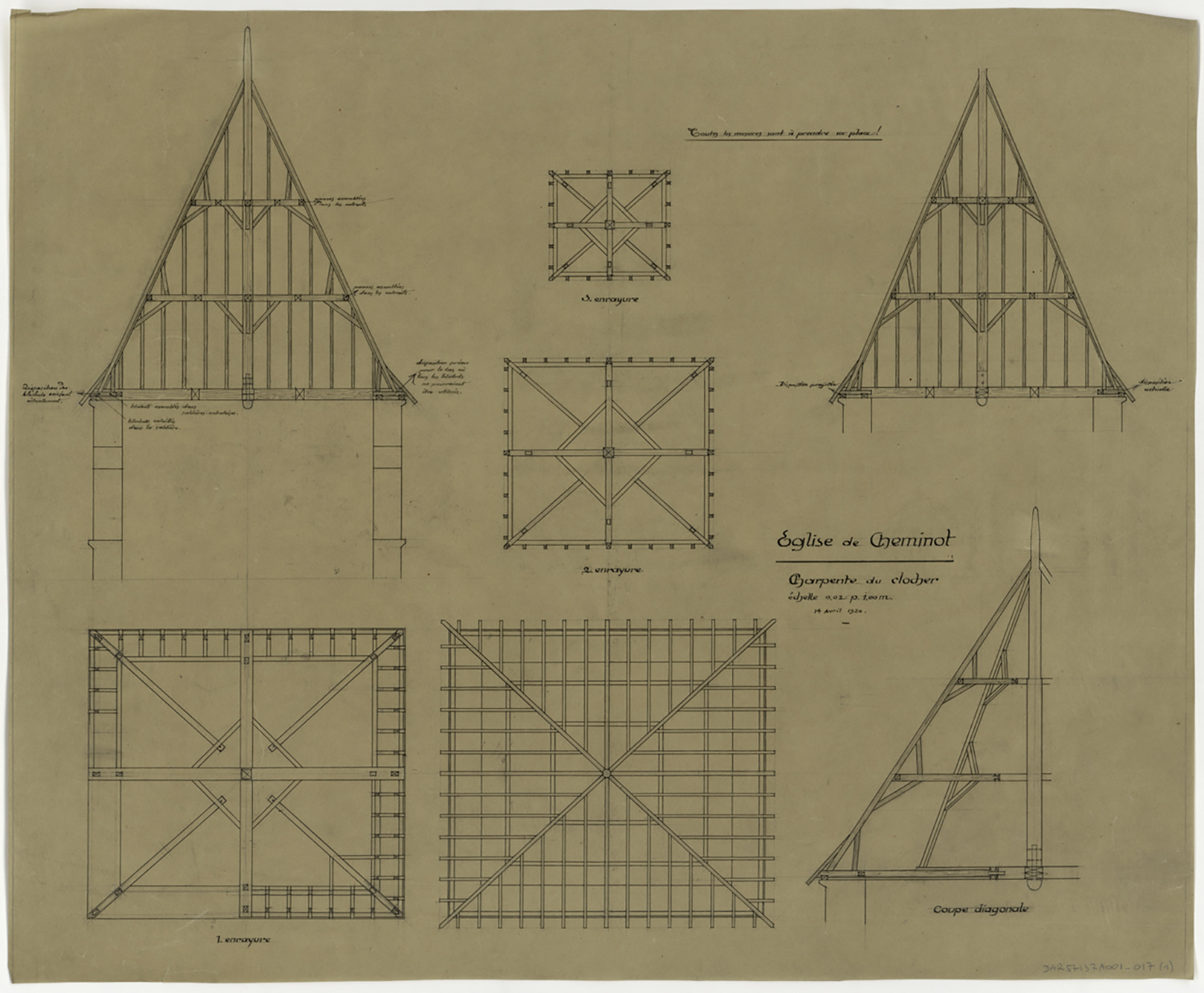 Clocher, plans de niveau et coupes sur la charpente.