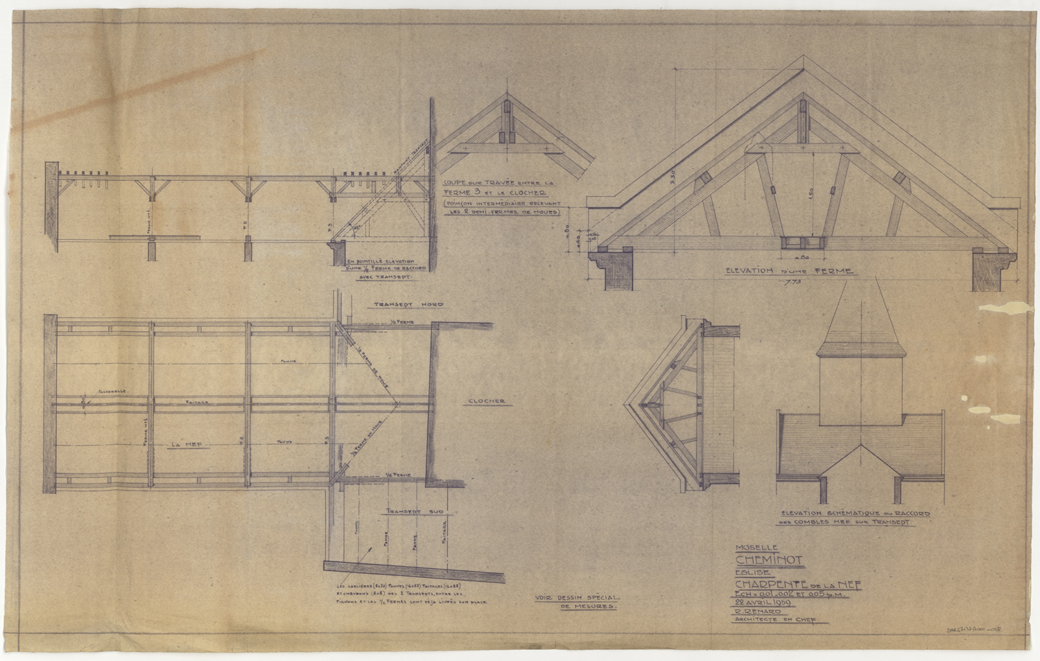 Nef, plan d’ensemble, élévation et coupes sur la charpente.