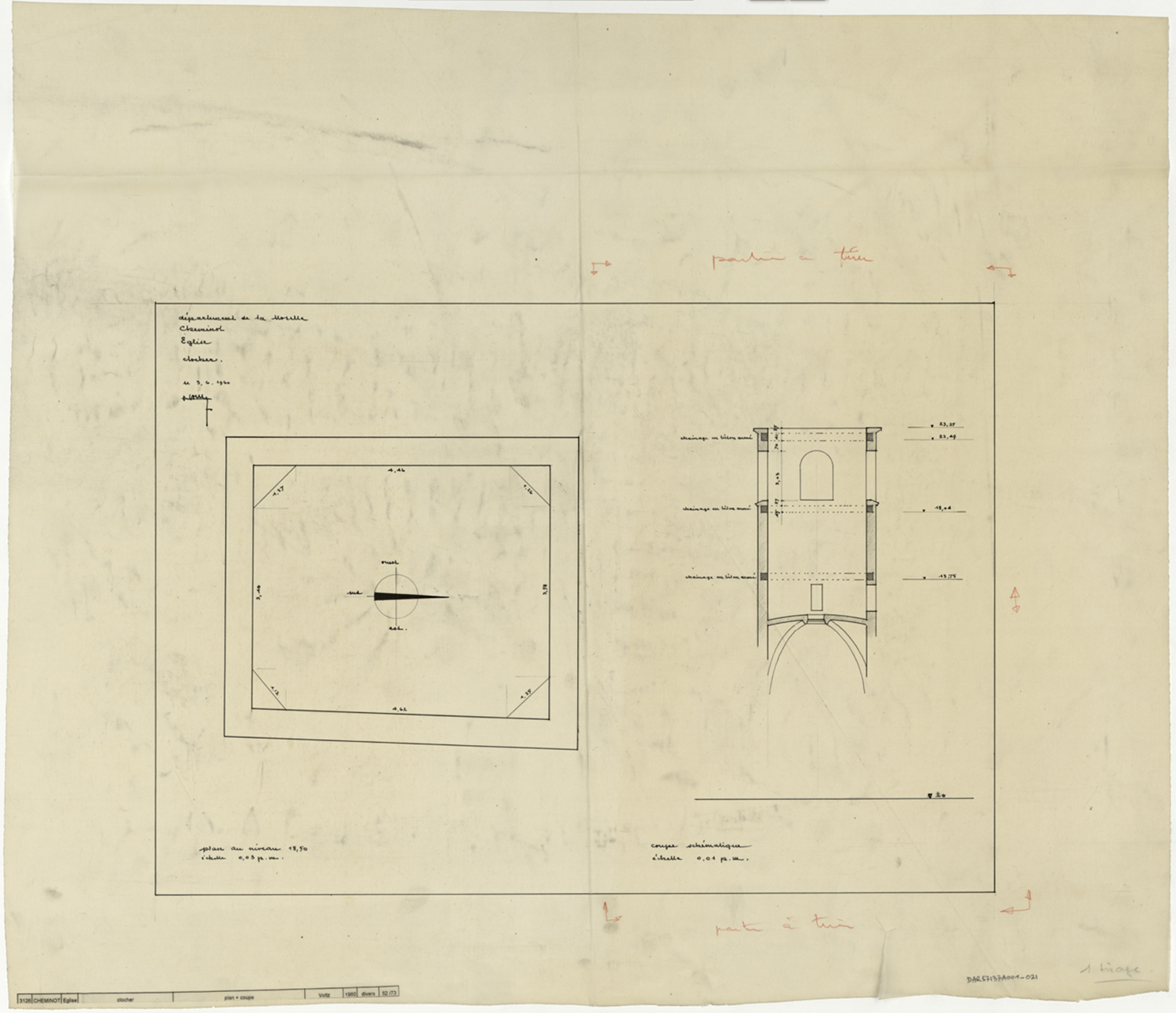 Clocher, plan de masse et coupe.