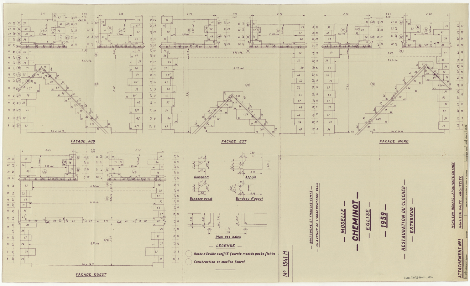 Restauration extérieure du clocher, relevés des façades et plan des baies.