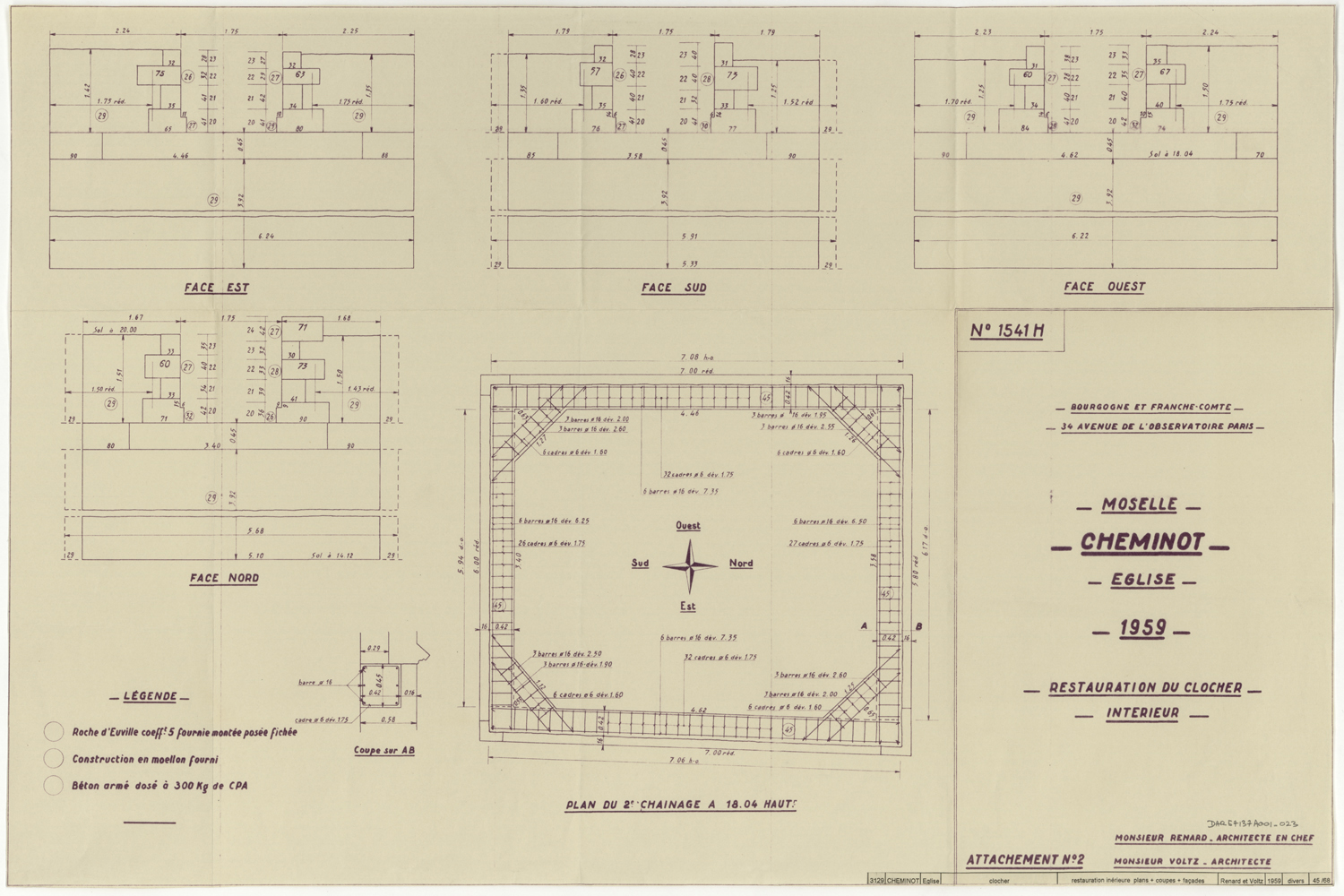 Restauration intérieure du clocher, relevé des façades et plan du premier chaînage.