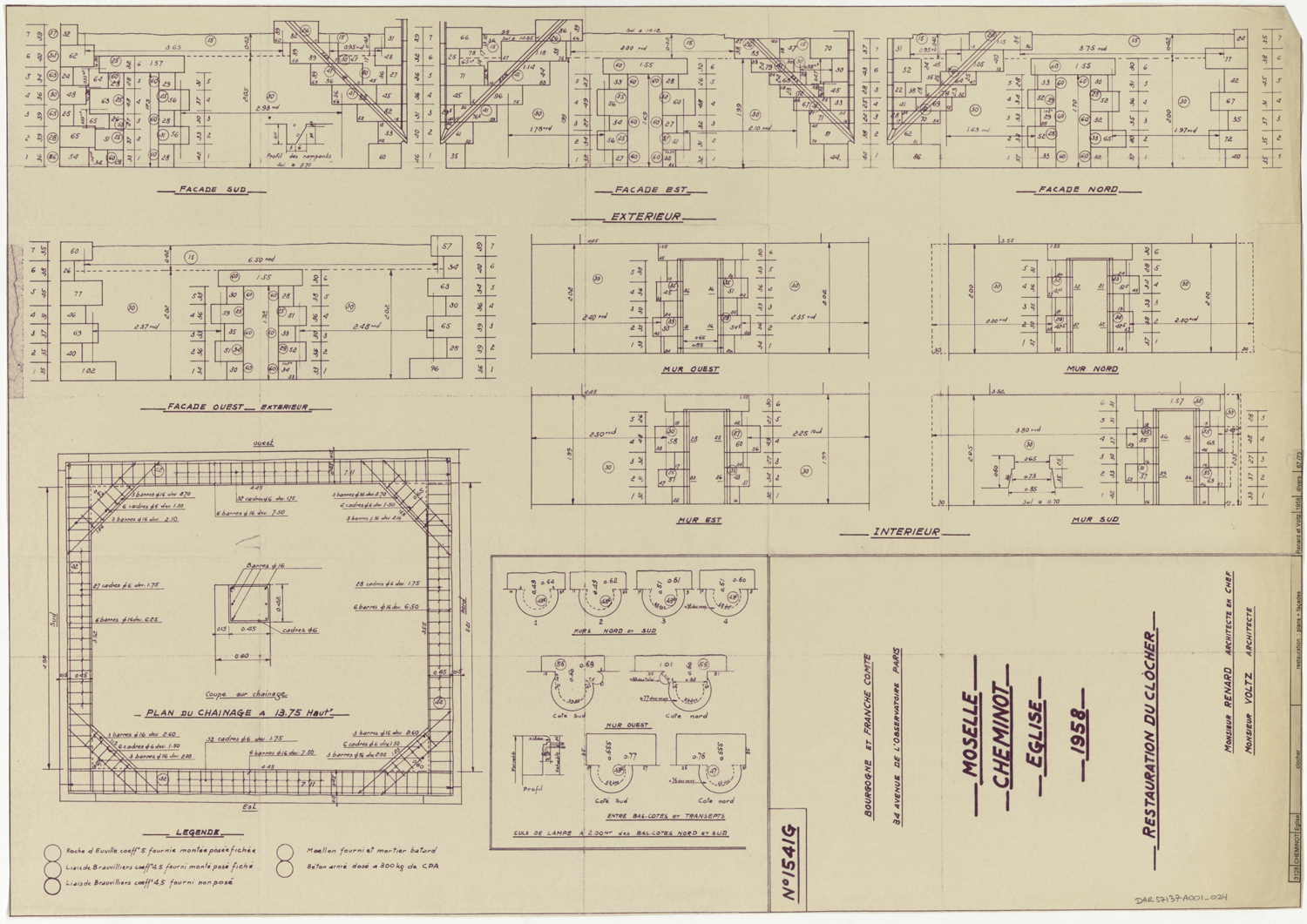 Restauration du clocher, relevés des façades et des culs-de-lampe, plan du premier chaînage.