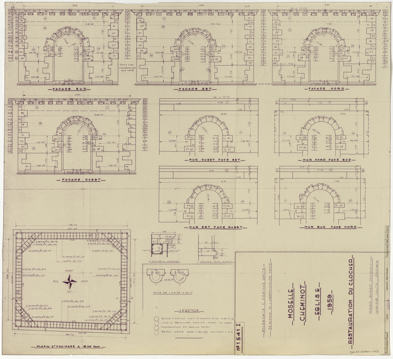 Restauration intérieure du clocher, relevés des façades et des culs-de-lampe, plan du premier chaînage.