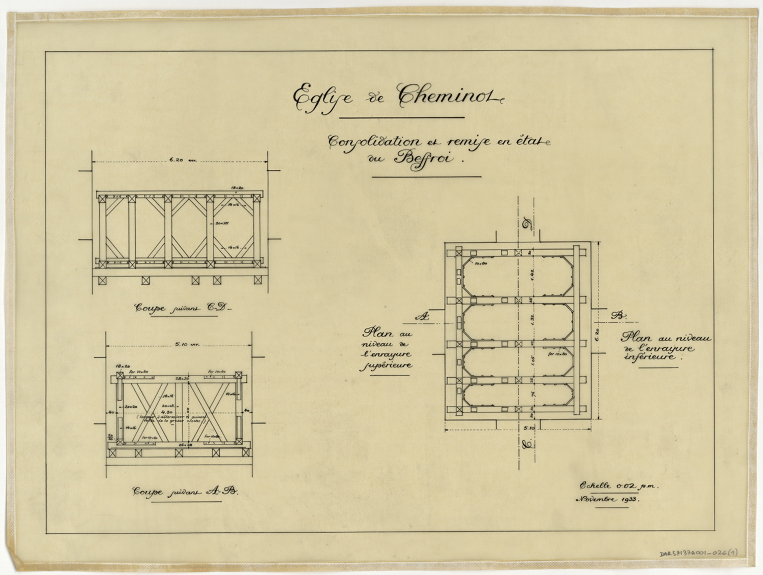 Restauration du beffroi, plan et coupes.