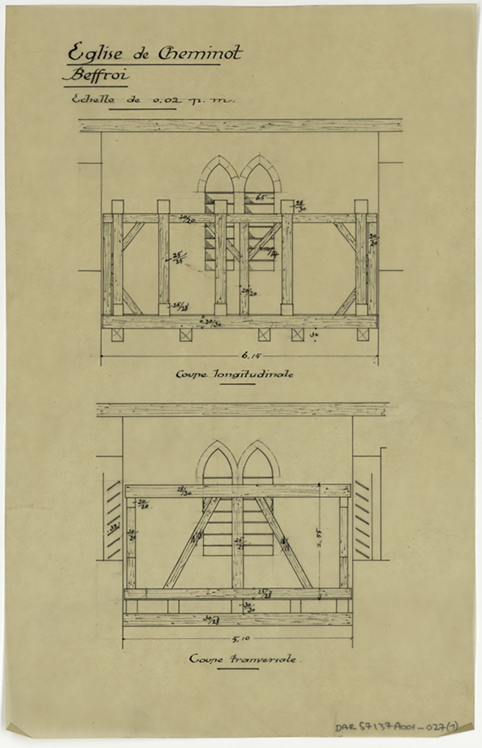 Restauration du beffroi, coupes longitudinale et transversale.