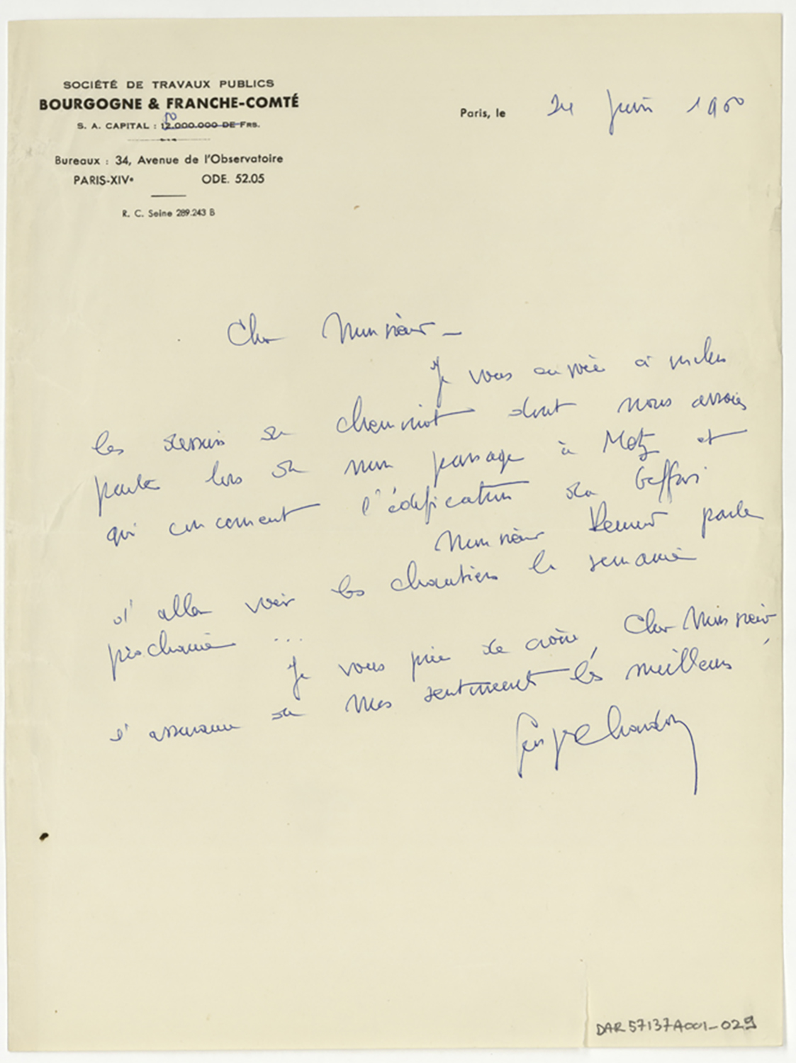 Courrier de la Société de travaux publics Bourgogne et Franche-Comté au sujet de l’édification du beffroi.