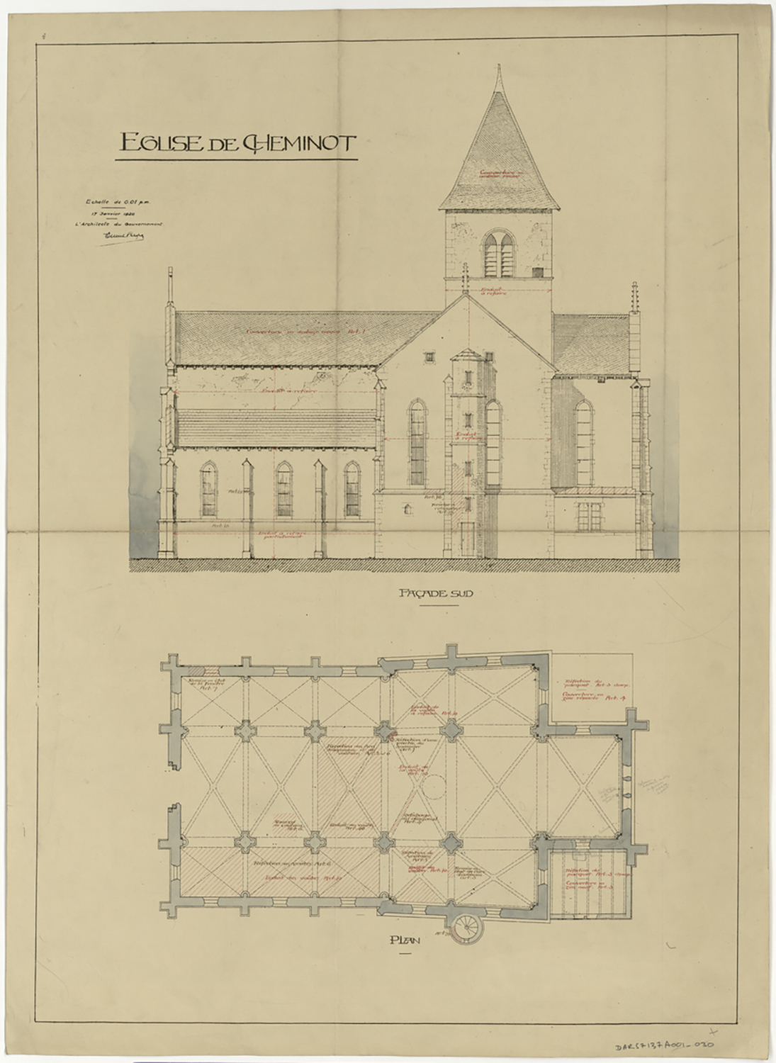 Projet de restauration, plan de masse et élévation de la façade sud.