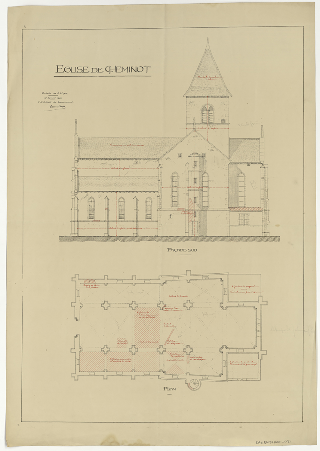 Projet de restauration, plan de masse et élévation de la façade sud.