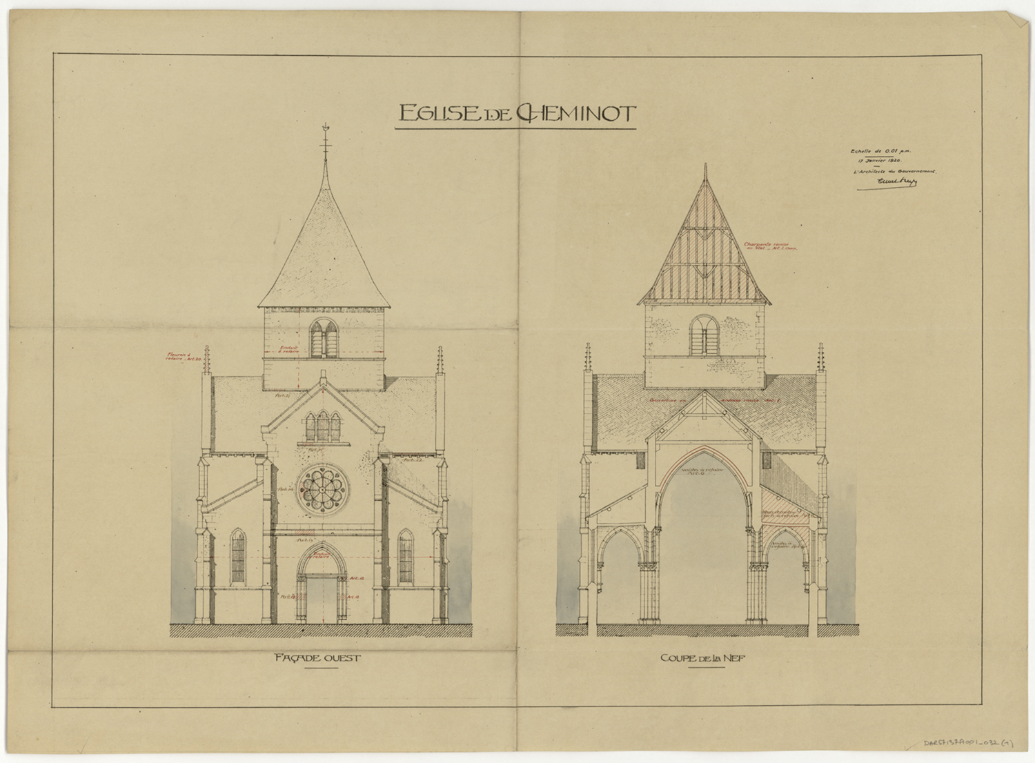 Projet de restauration, élévation de la façade ouest et coupe transversale sur la nef. 