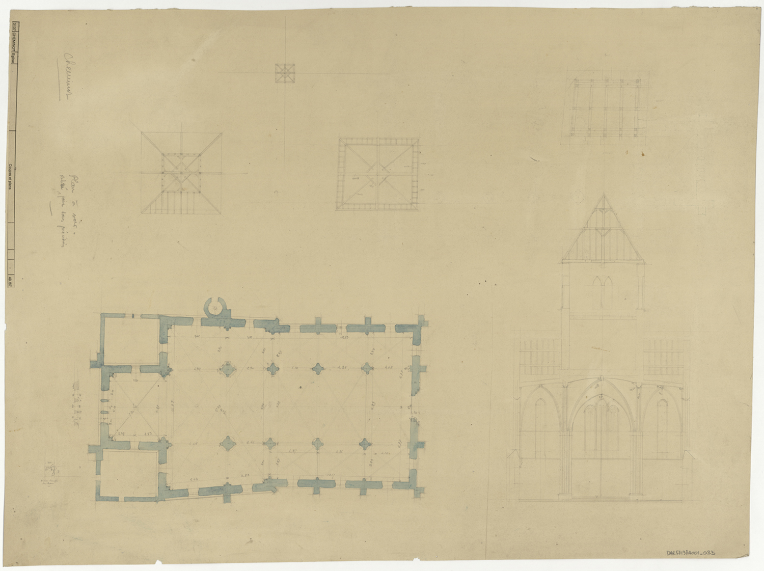 Plan de masse, plans de niveau du clocher et coupe transversale sur la nef.