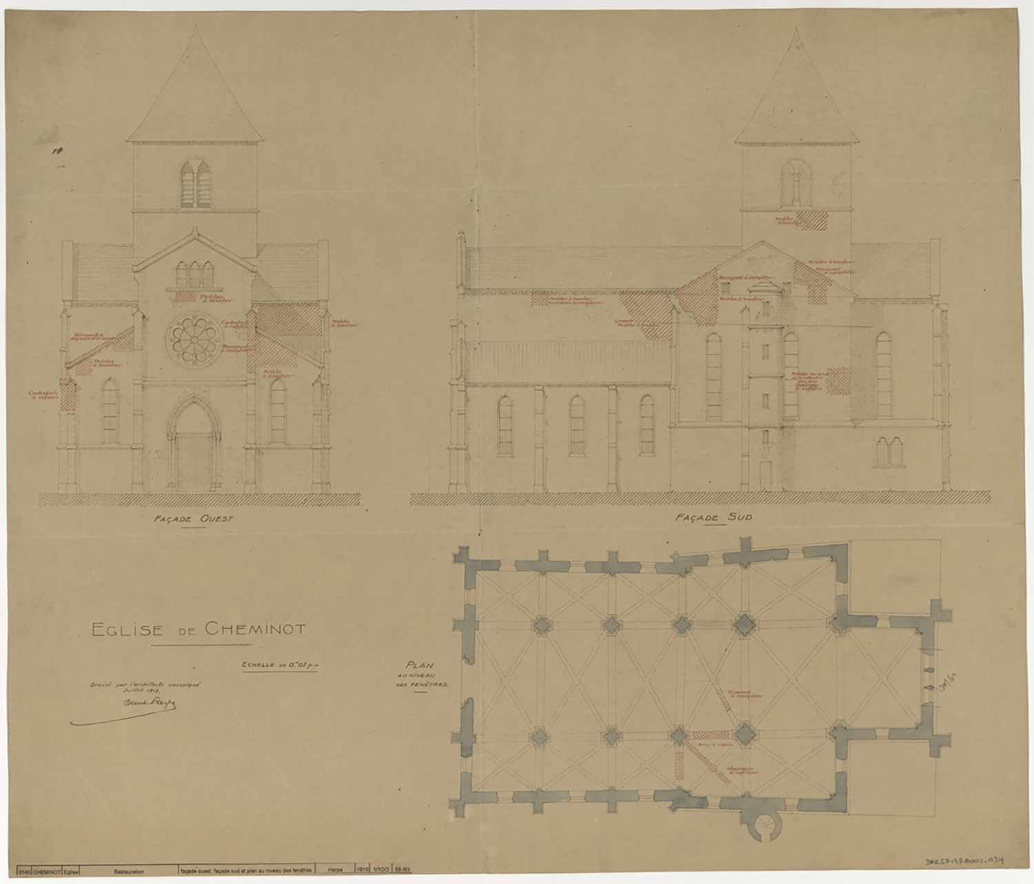 Projet de restauration, plan de masse et élévations des façades ouest et sud.