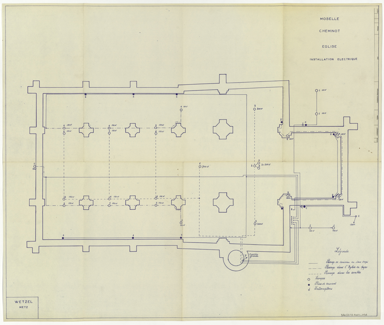 Installation électrique, plan de masse figurant le tracé du réseau.