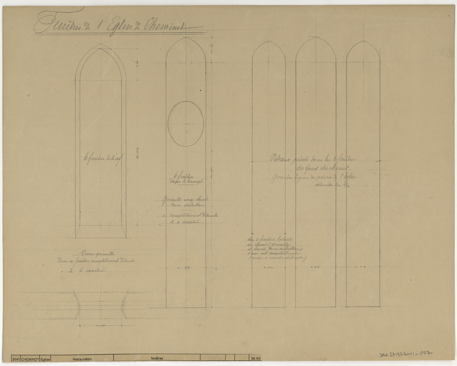 Relevé des baies de la nef et de leurs vitraux, plan d’une embrasure. 