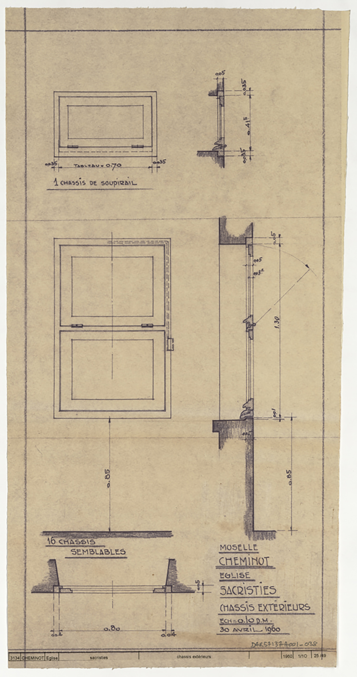 Sacristies nord et sud, plans et élévations des châssis extérieurs.