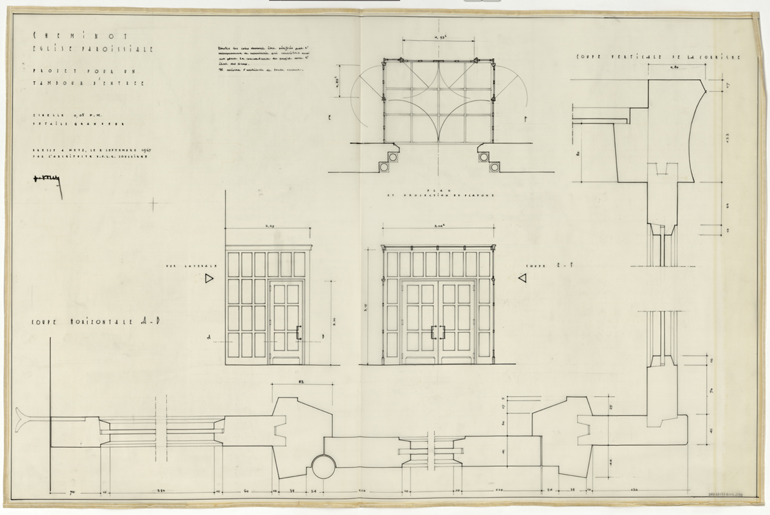 Projet pour un tambour d’entrée, plan de situation, élévations et détail.