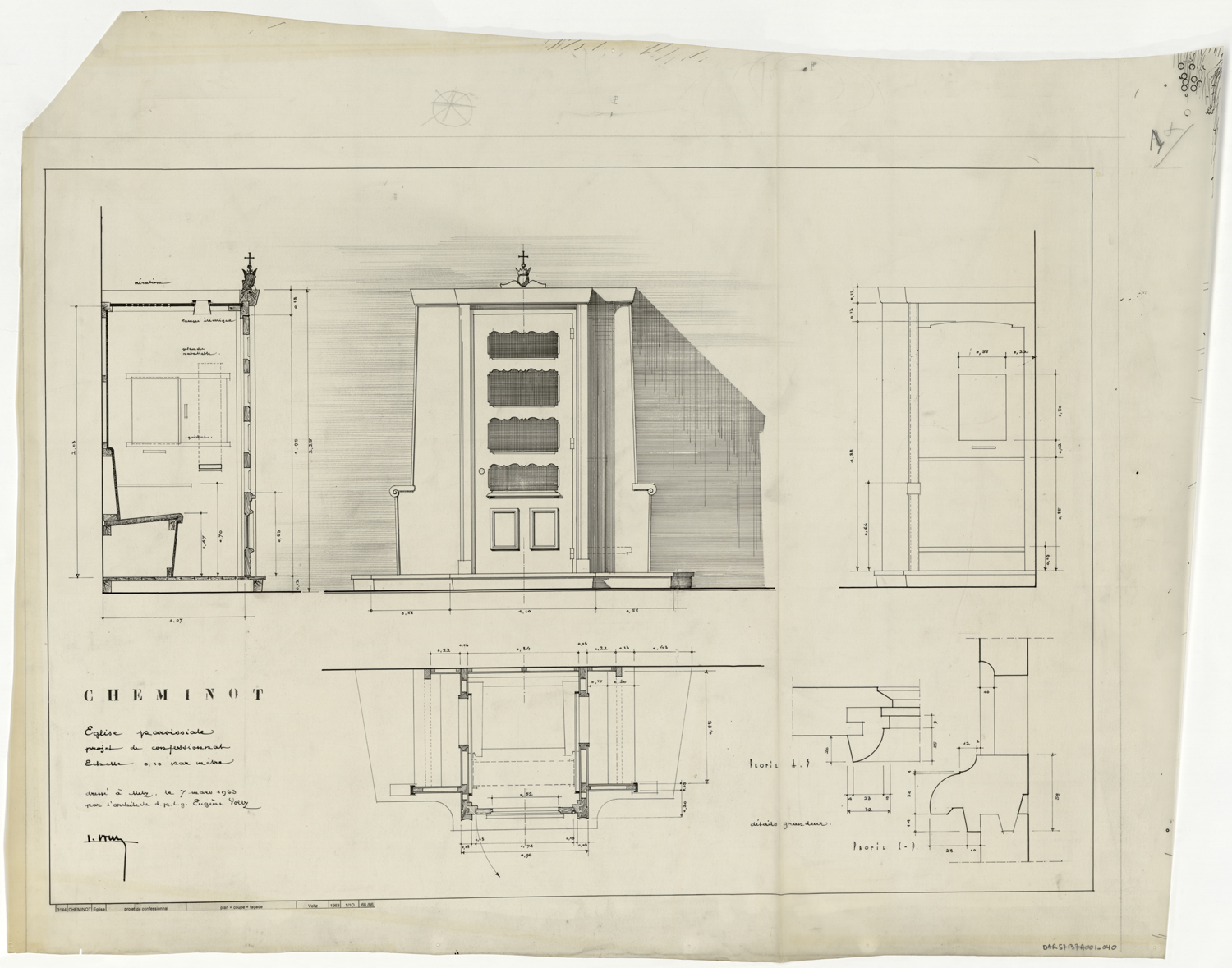 Projet de confessionnal, plan, élévation, coupes et détails.