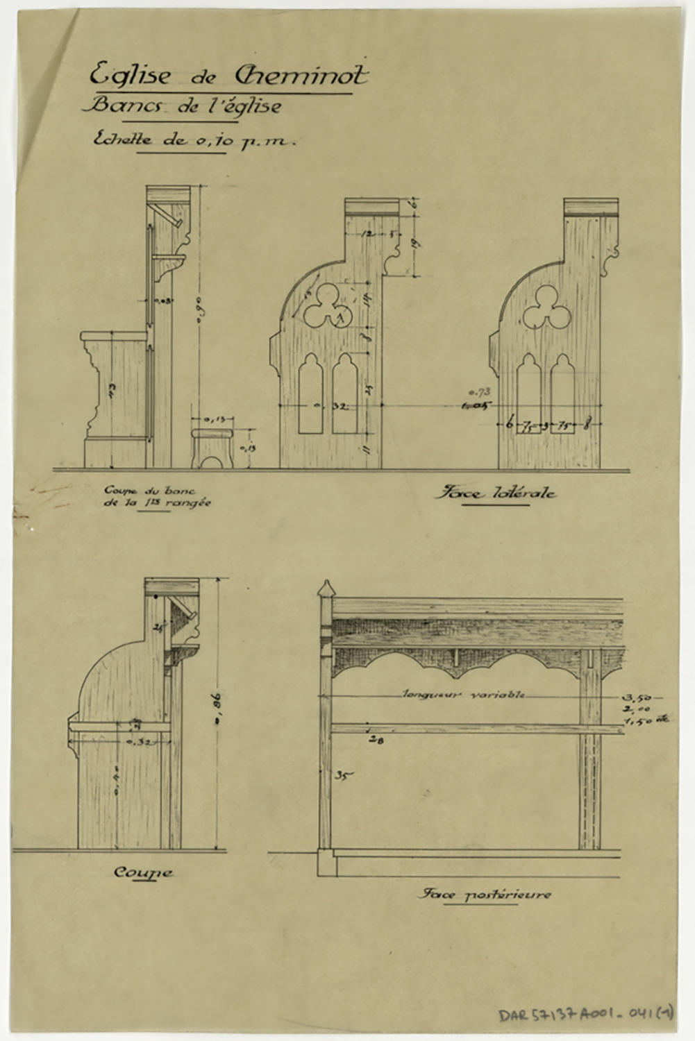 Projet de bancs, élévations et coupes.