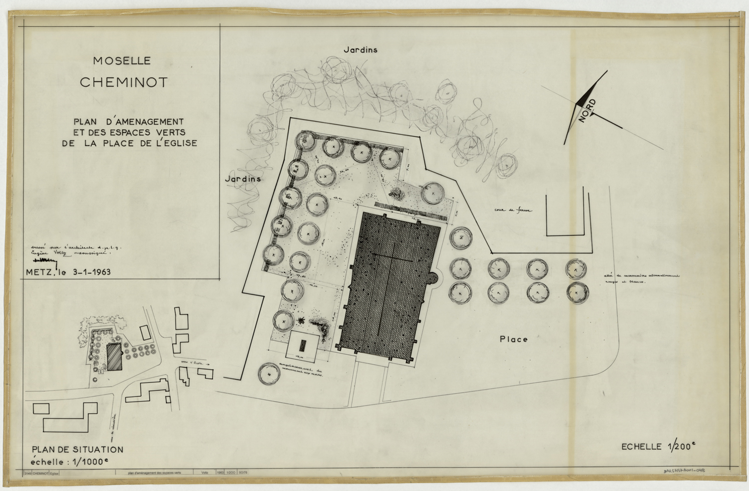 Place de l’église, plan de situation, plans d’aménagement et des espaces verts.